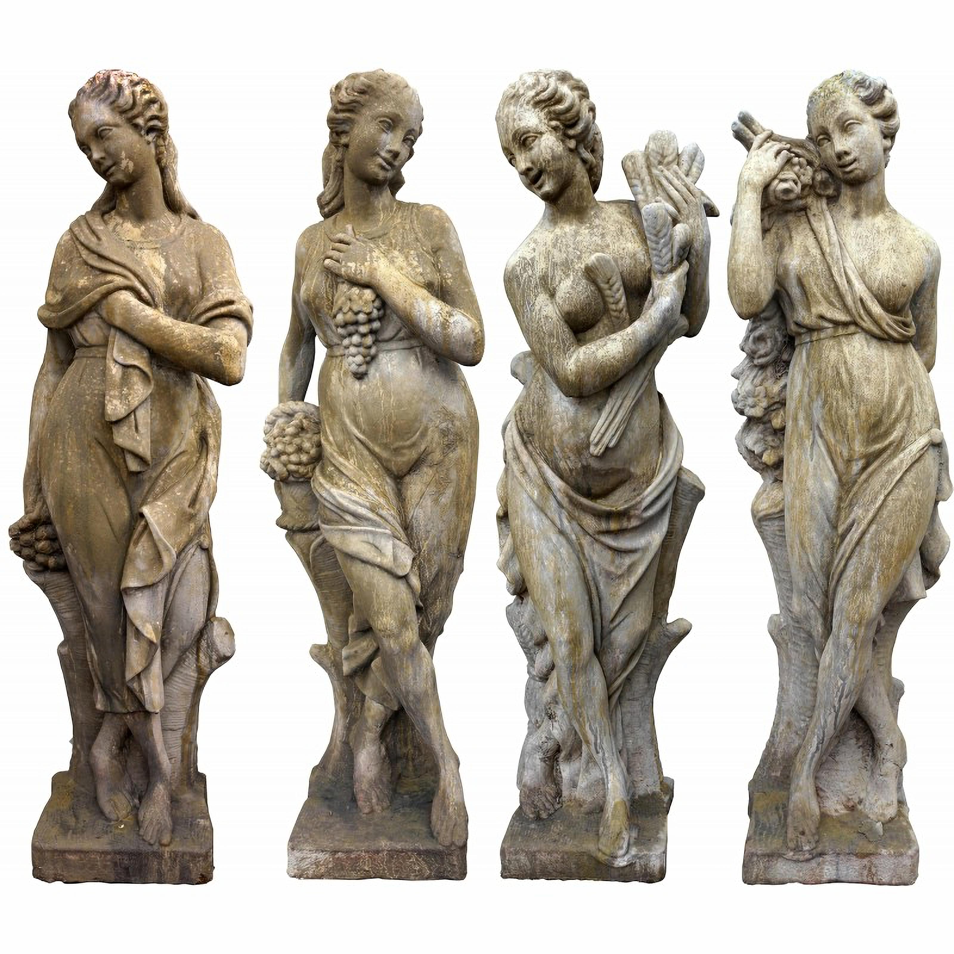 4 statues de jardin en pierre reconstituée avec base - Les quatre saisons - Début du 20e siècle Bon état à Madrid, ES