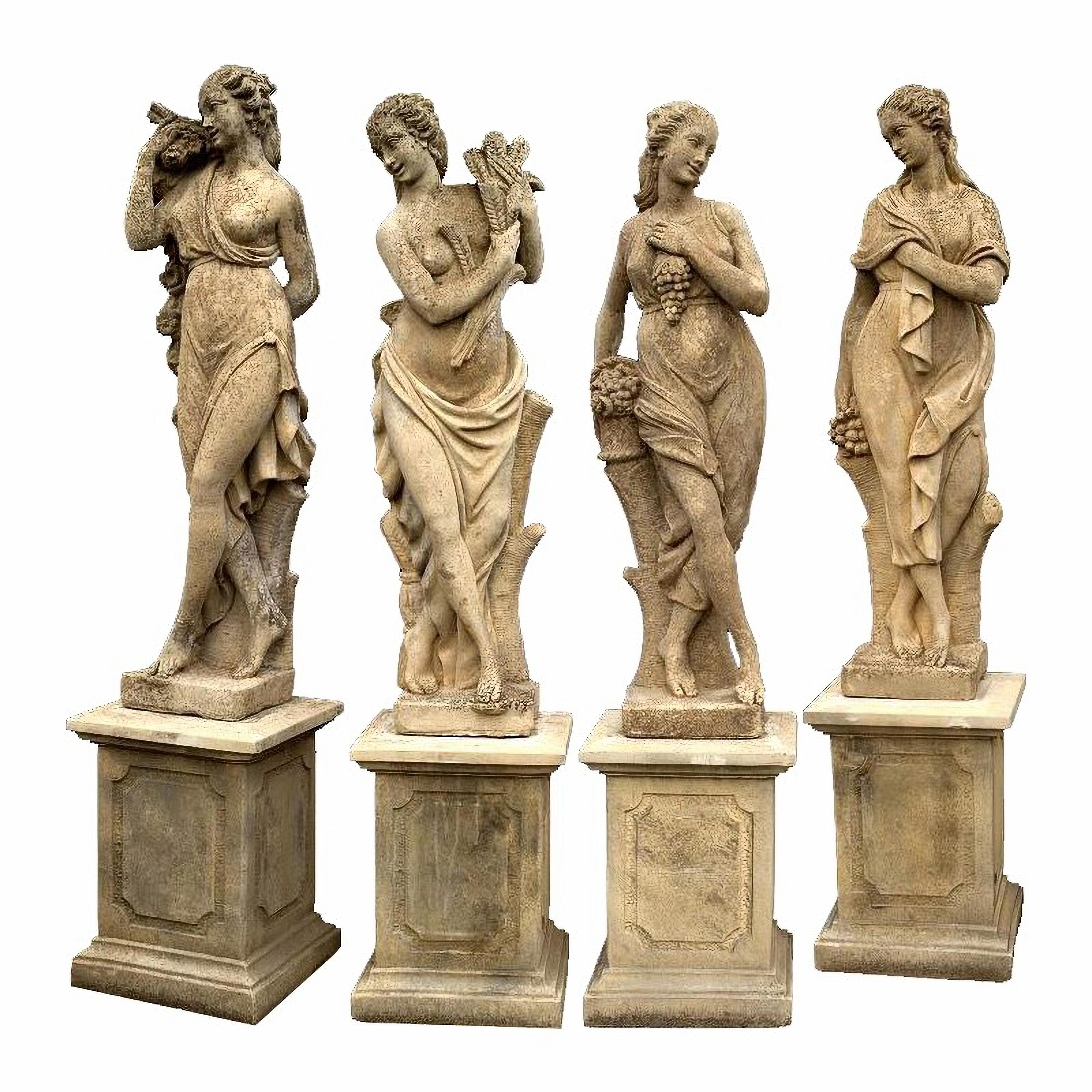 Italian 4 Reconstituted Stone Garden Statues with Base - the Four Seasons Early 20th Cen