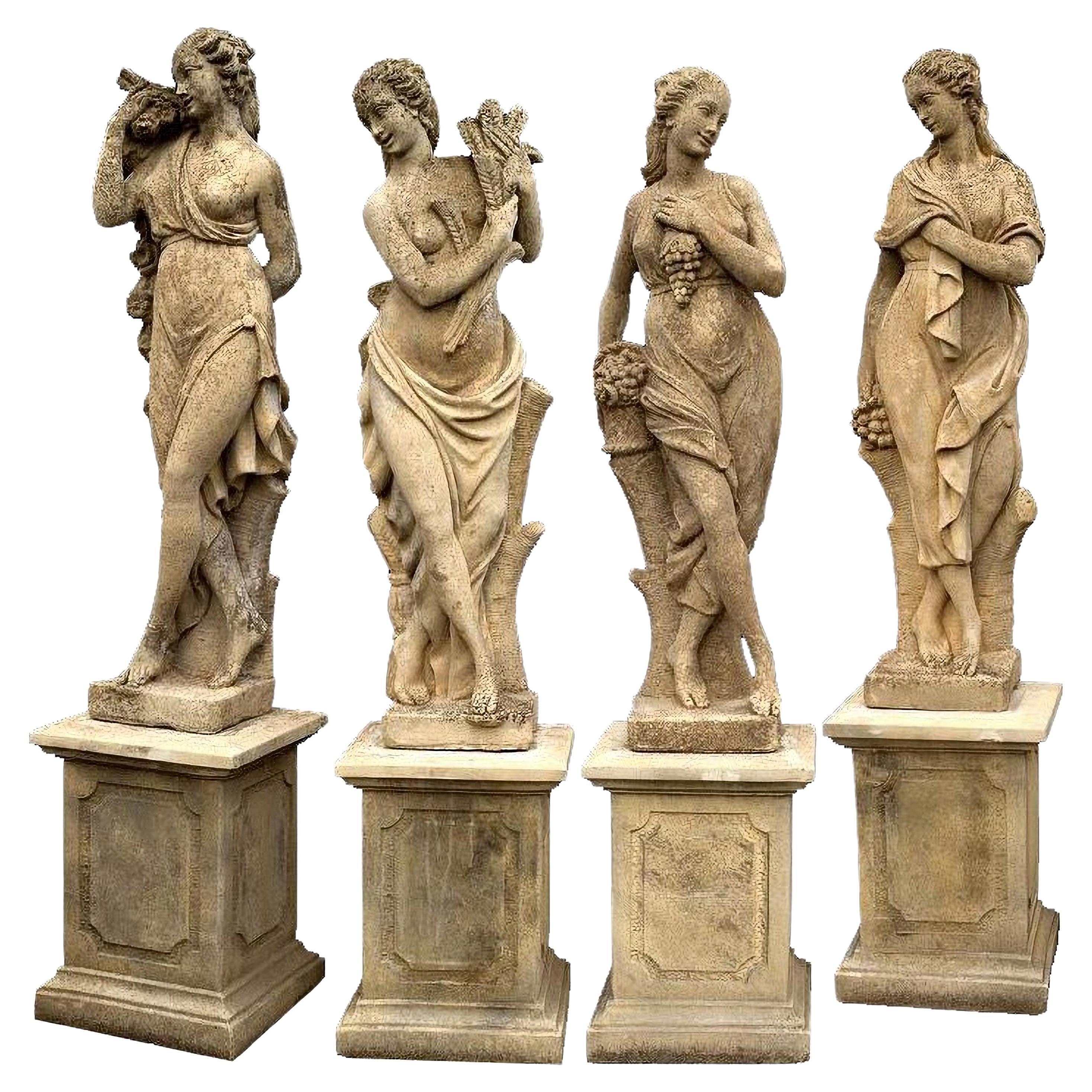 4 statues de jardin en pierre reconstituée avec base - Les quatre saisons - Début du 20e siècle