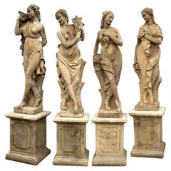 4 Reconstituted Stone Garden Statues with Base - the Four Seasons Early 20th Cen