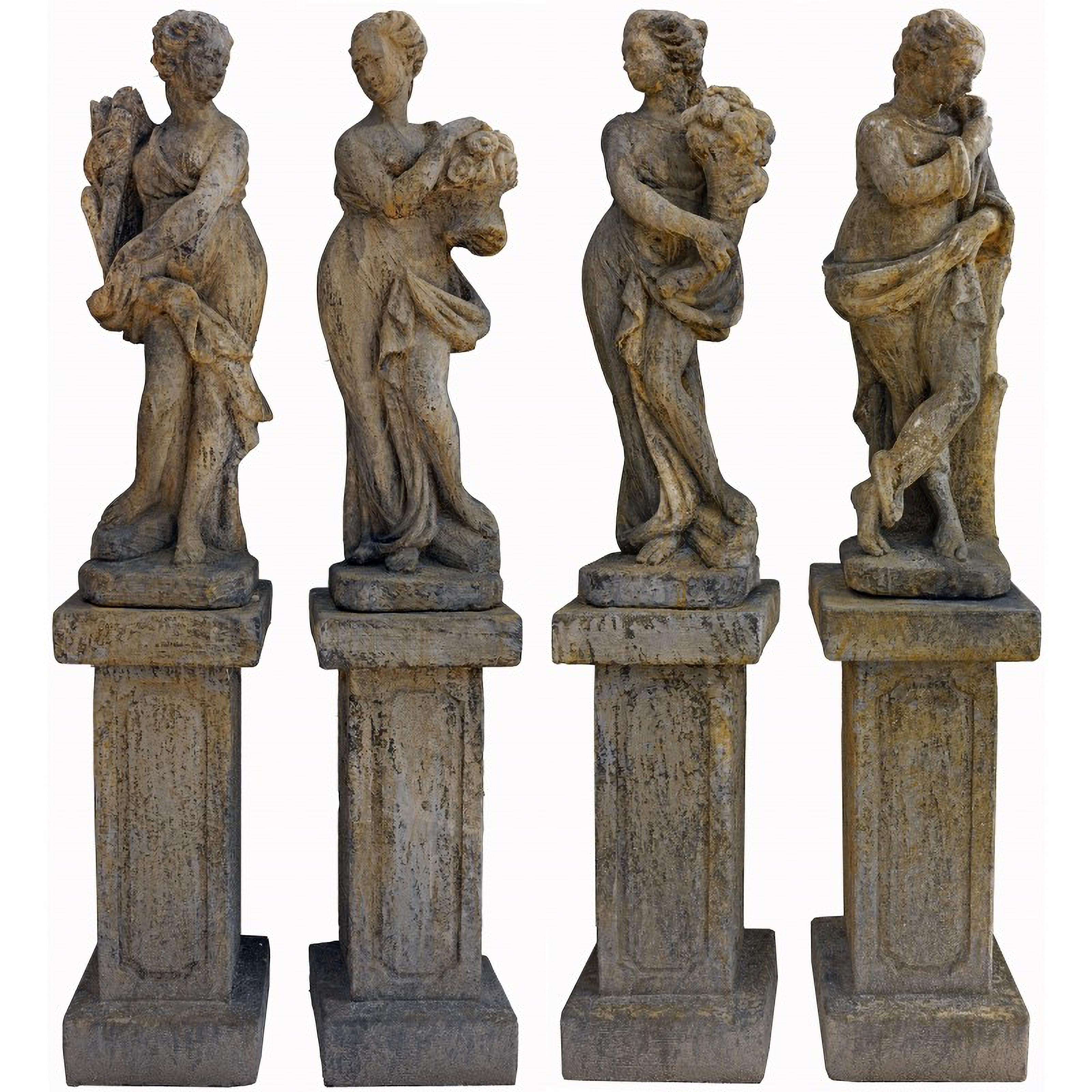 Italian 4 RECONSTITUTED STONE GARDEN STATUES WITH BASE THE FOUR SEASONS early 20th Cent.