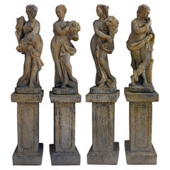 4 RECONSTITUTED STONE GARDEN STATUES WITH BASE THE FOUR SEASONS early 20th Cent.