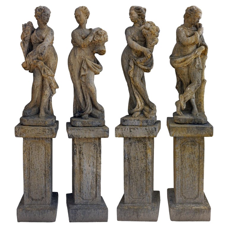 4 RECONSTITUTED STONE GARDEN STATUES WITH BASE THE FOUR SEASONS early