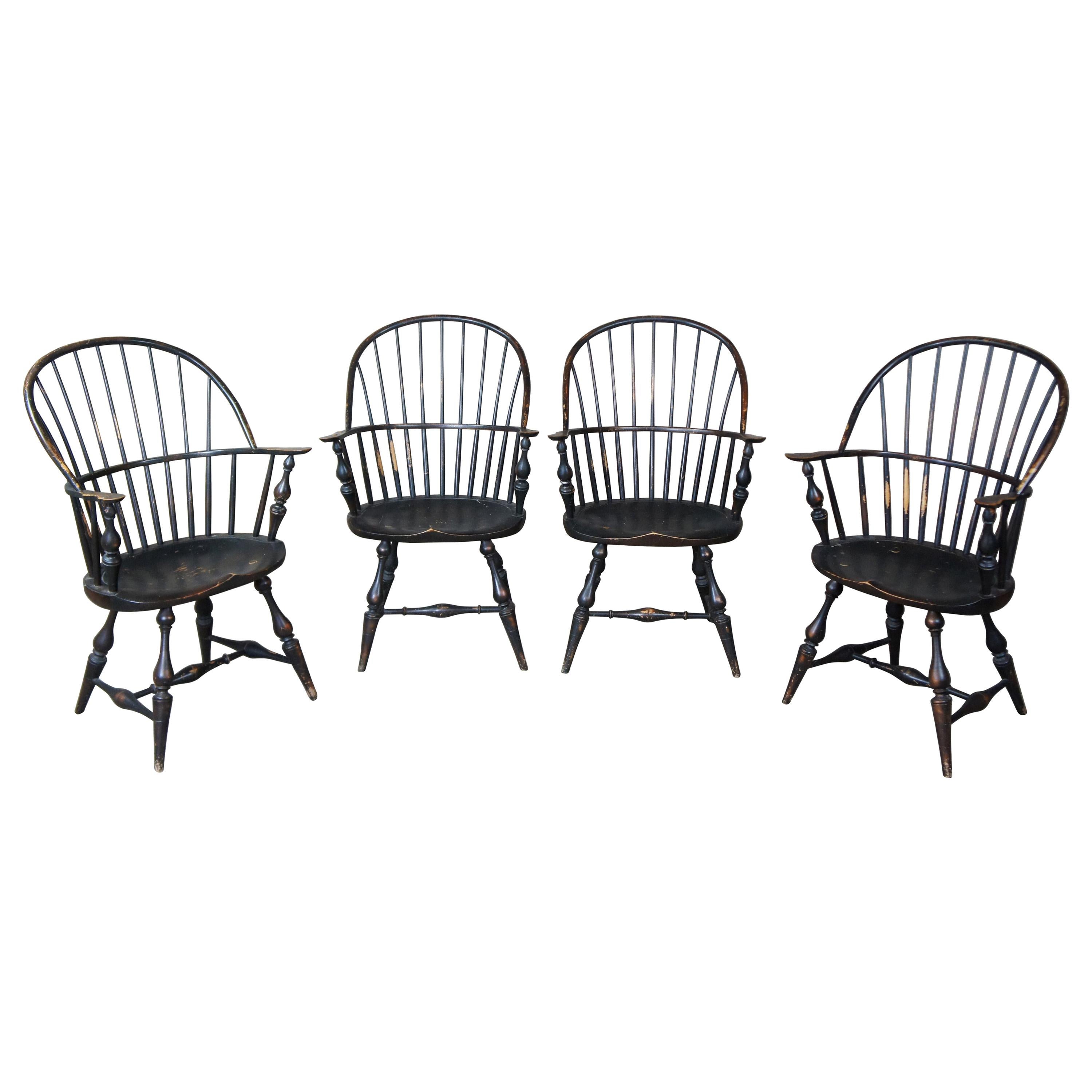 4 River Bend Chair Co. Windsor Bow Back Colonial Dining Armchairs Black Crackle