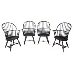 4 River Bend Chair Co. Windsor Bow Back Colonial Dining Armchairs Black Crackle