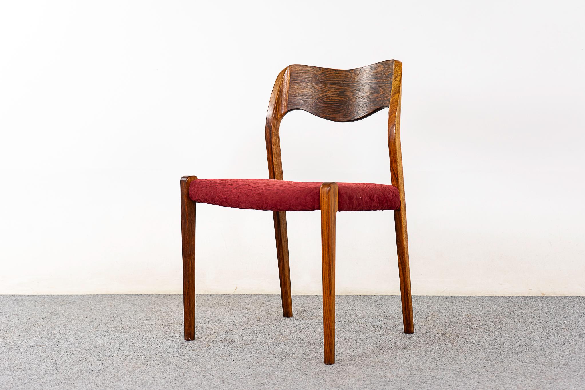 Rosewood Danish dining chairs by Niels Otto Moller for J.L Moller Mobelfabrik, circa 1960's. Highly sought after Model 71 design with signature curved backrest and elegant, graceful lines. Original upholstery with minor wear & tear.  

Unrestored