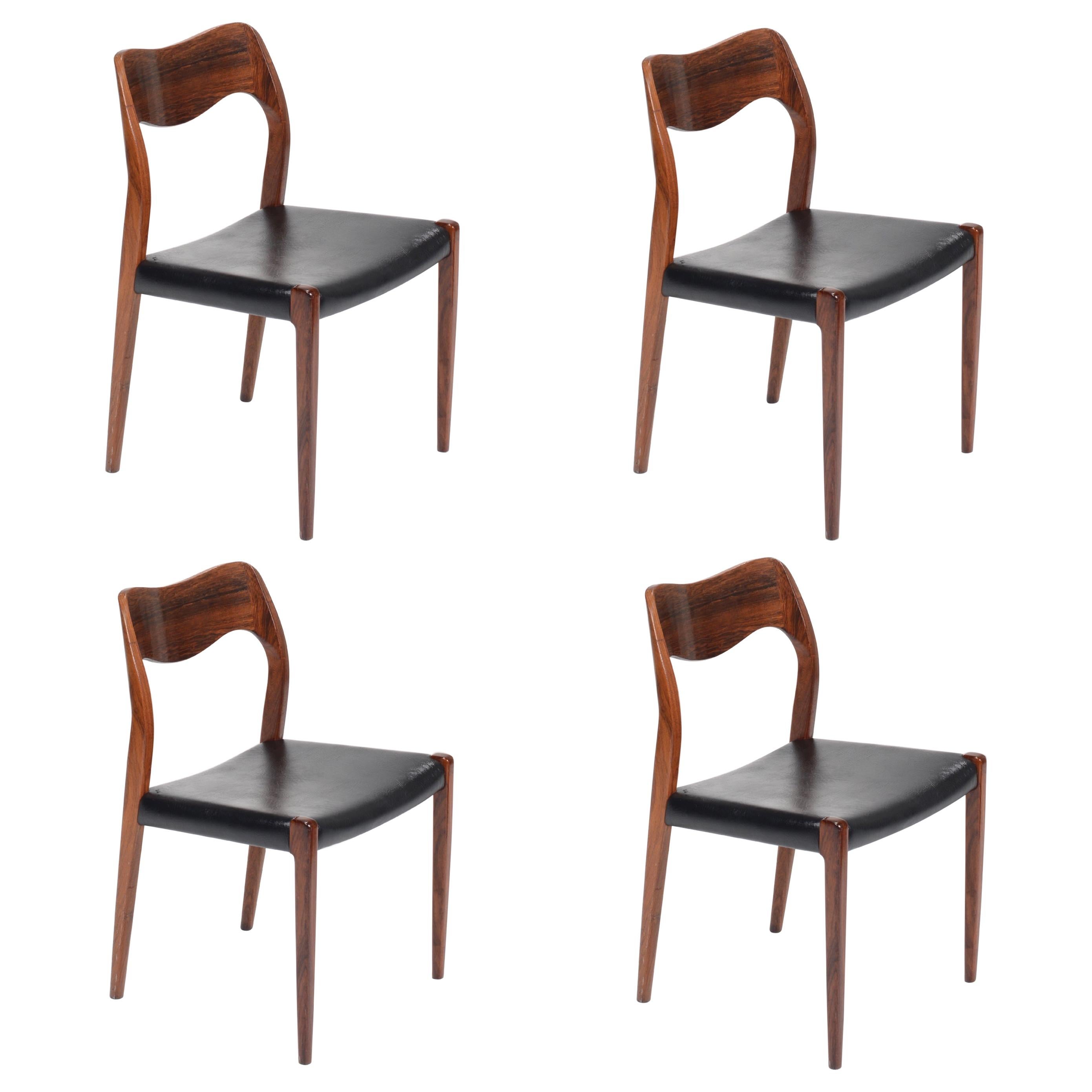 4 Rosewood Niels O. Møller Dining Chairs Model 71 by J.L. Møllers Møbelfabrik