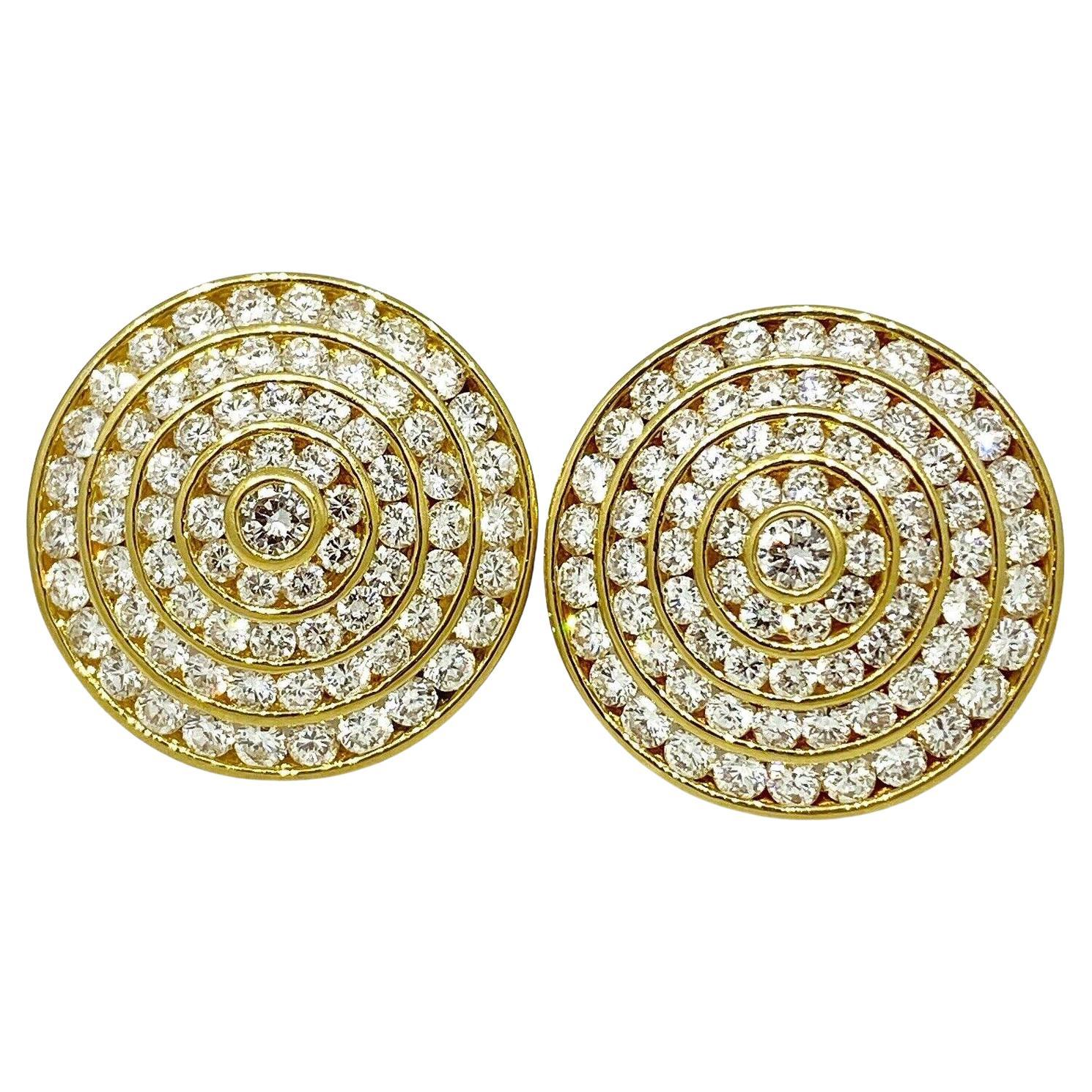 4 Row Circle Diamond Earrings 3.95 carat total weight in 18k Yellow Gold For Sale