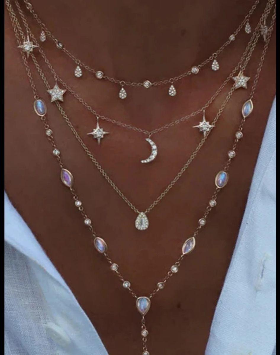 Taglio misto Collana con 4 ciondoli di cristallo vintage a più strati in tonalità oro in vendita