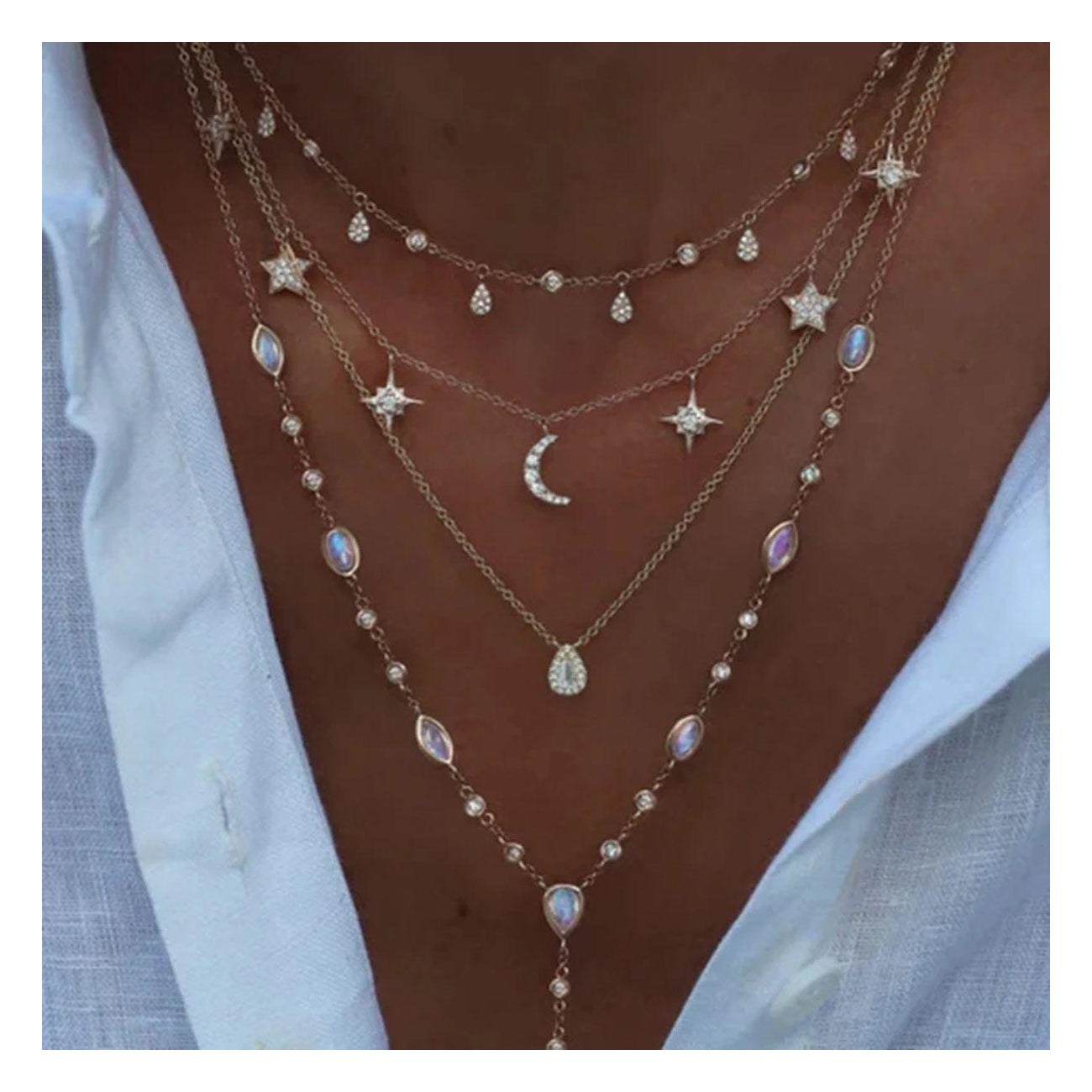 Collana con 4 ciondoli di cristallo vintage a più strati in tonalità oro