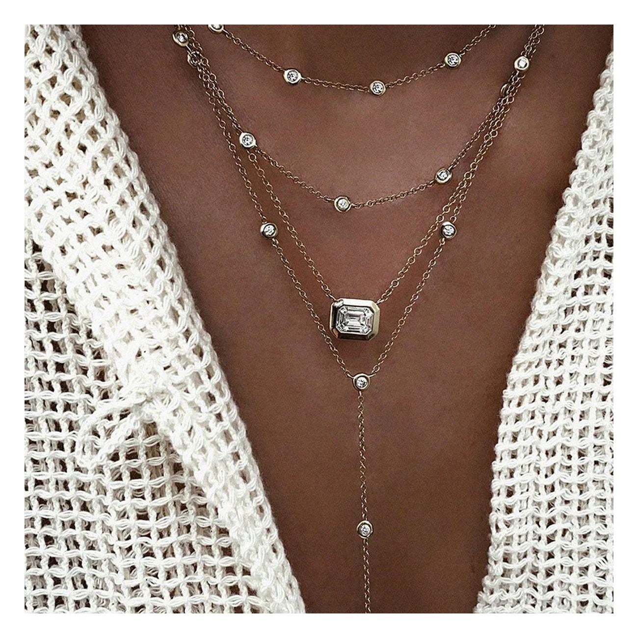 Collana con 4 ciondoli di cristallo vintage a più strati in tonalità argento in vendita