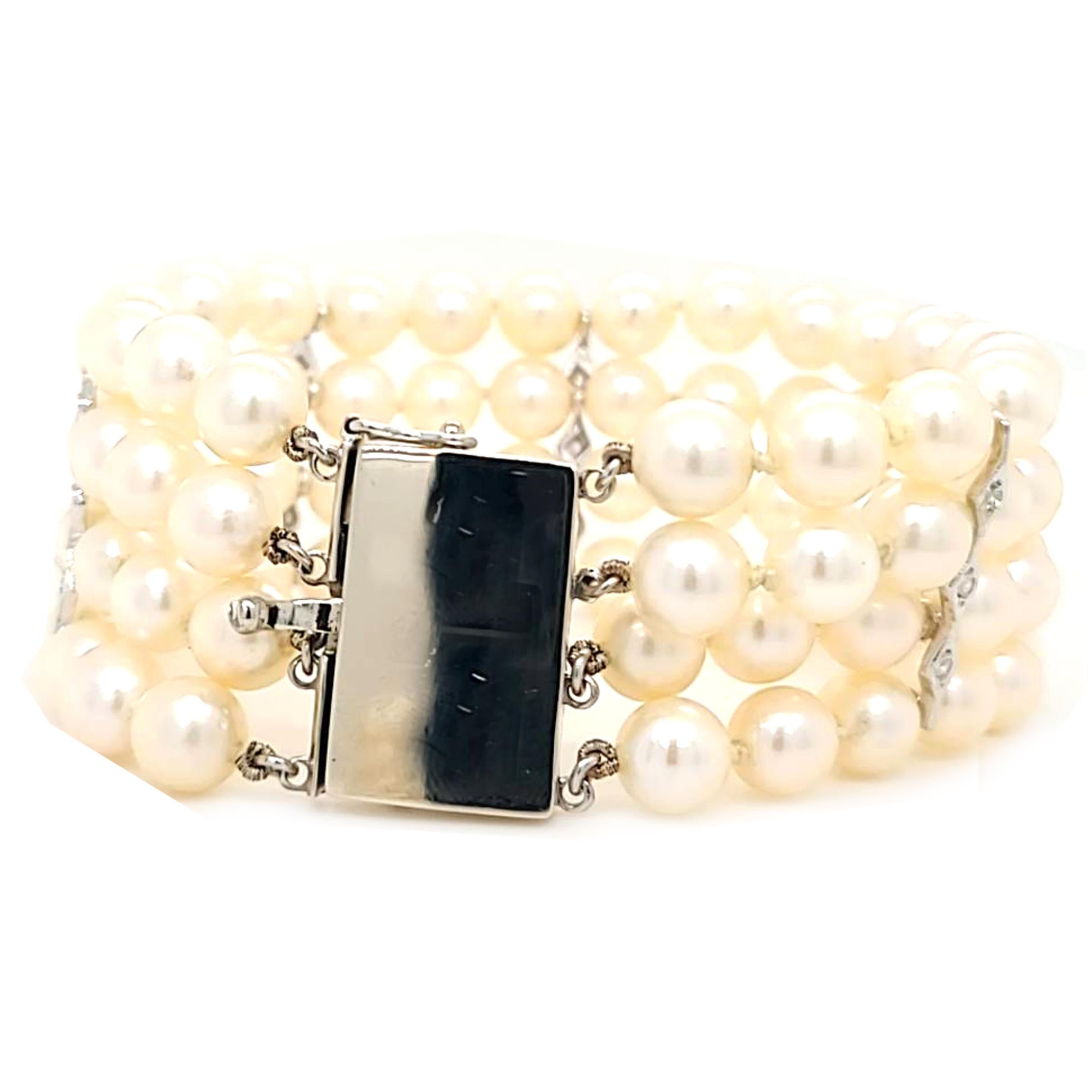 Women's 4 Row Pearl and Diamond Bracelet  For Sale