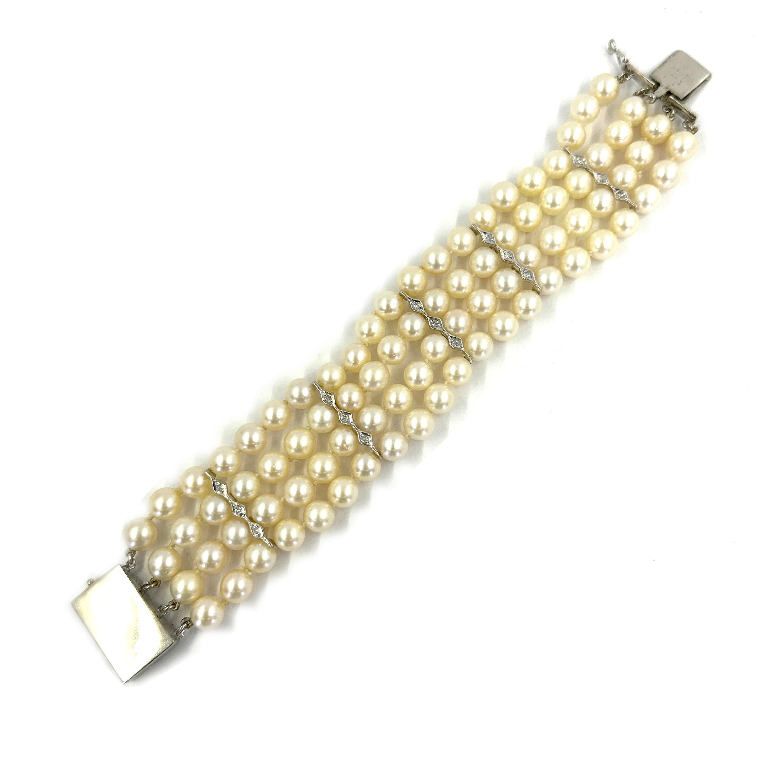 4 Row Pearl and Diamond Bracelet  For Sale 3