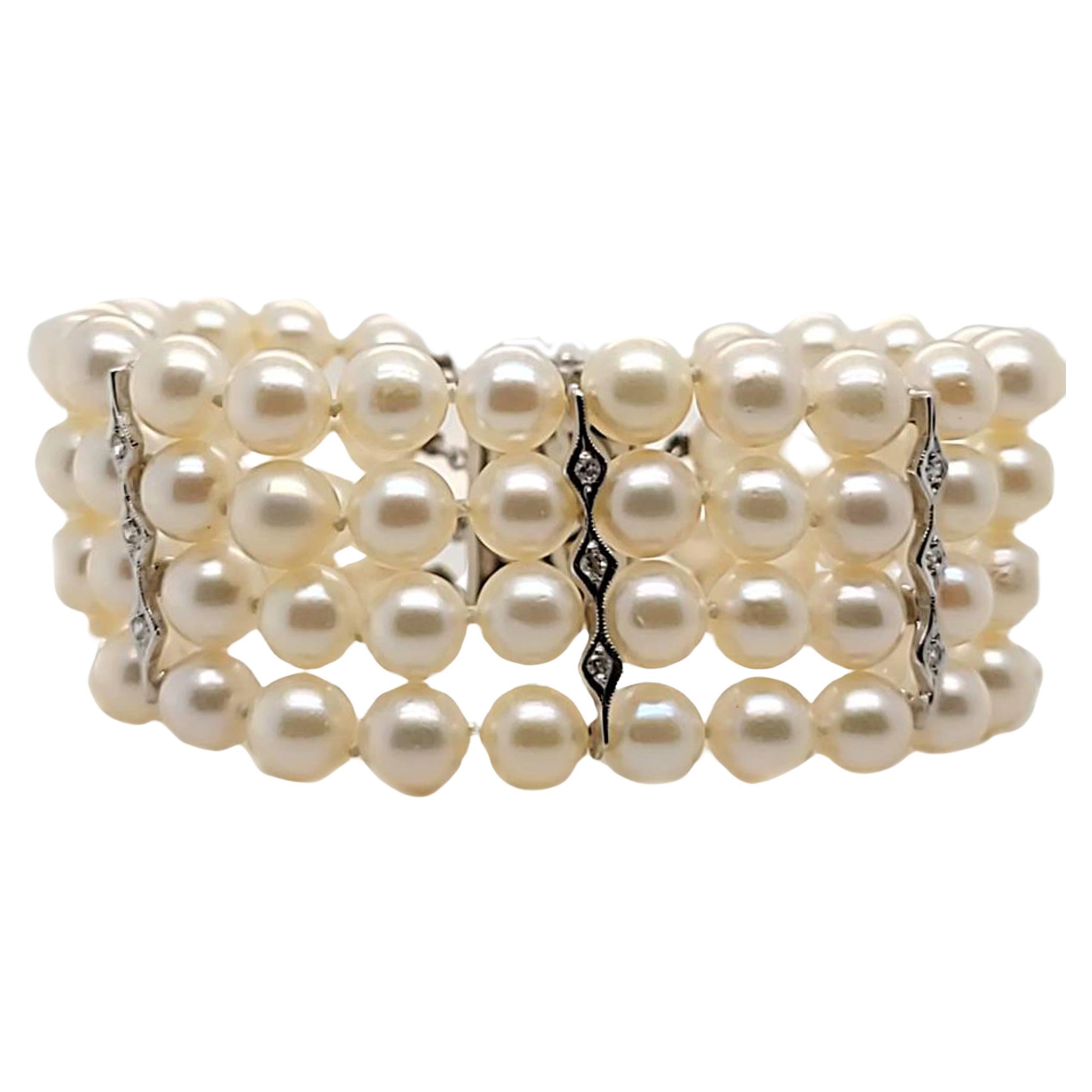 4 Row Pearl and Diamond Bracelet  For Sale