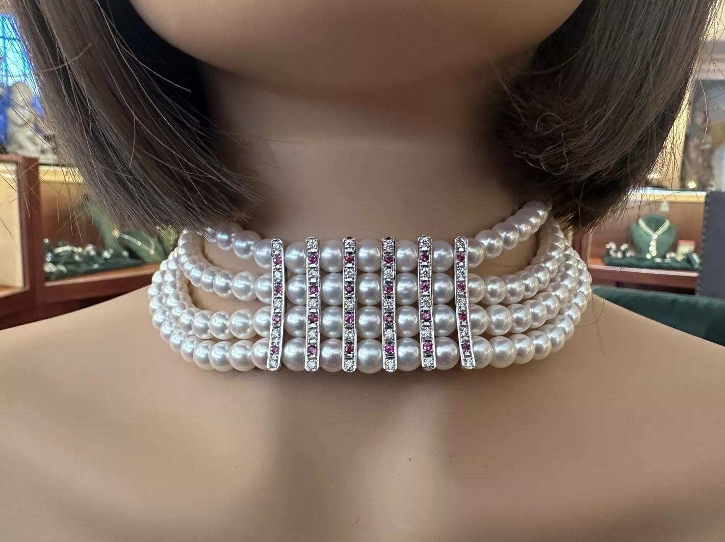 4 Row Pearl Choker Necklace with Rubies and Diamonds in Platinum For Sale 5