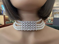 4 Row Pearl Choker Necklace with Rubies and Diamonds in Platinum