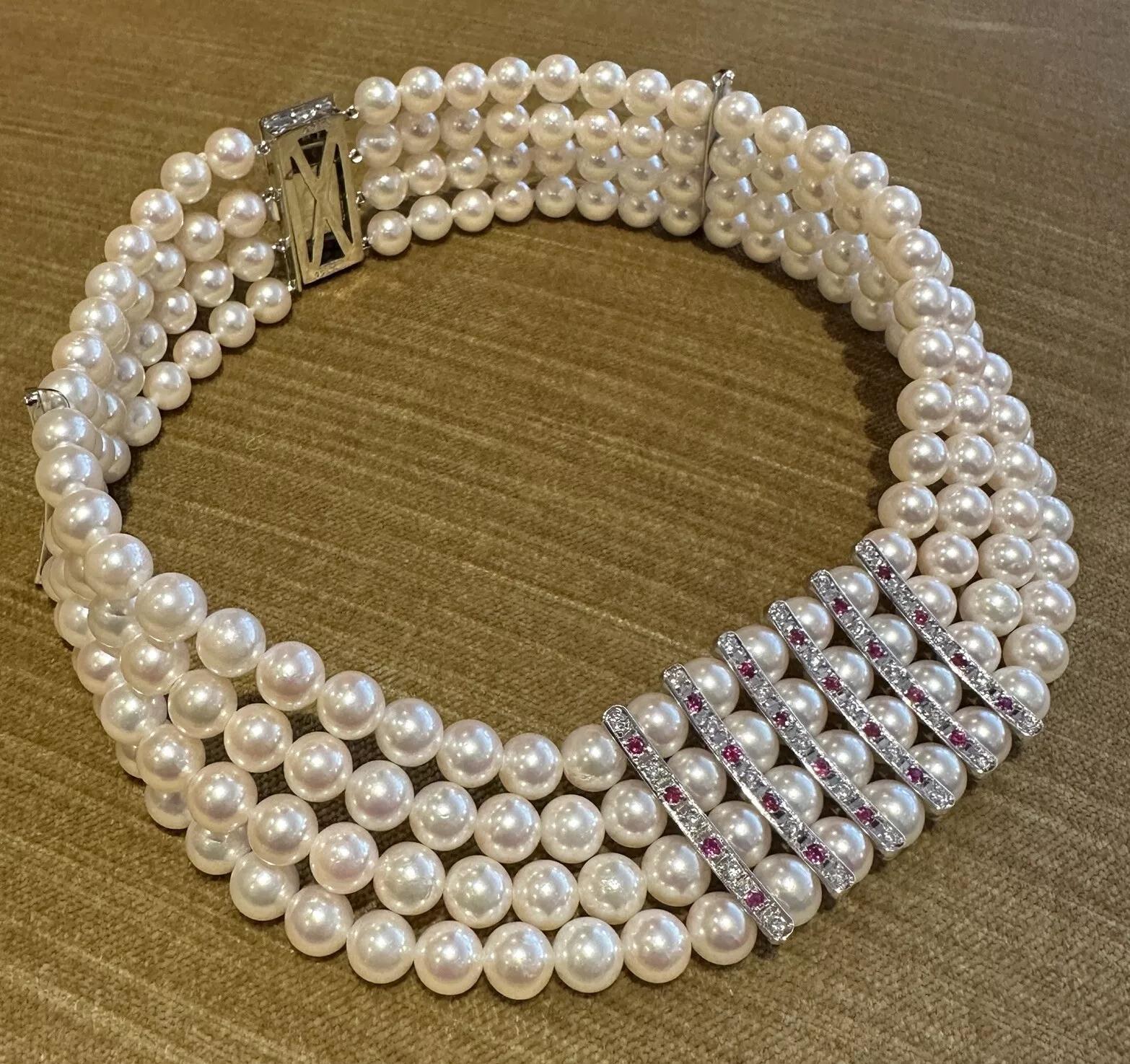 Round Cut 4 Row Pearl Choker Necklace with Rubies and Diamonds in Platinum For Sale
