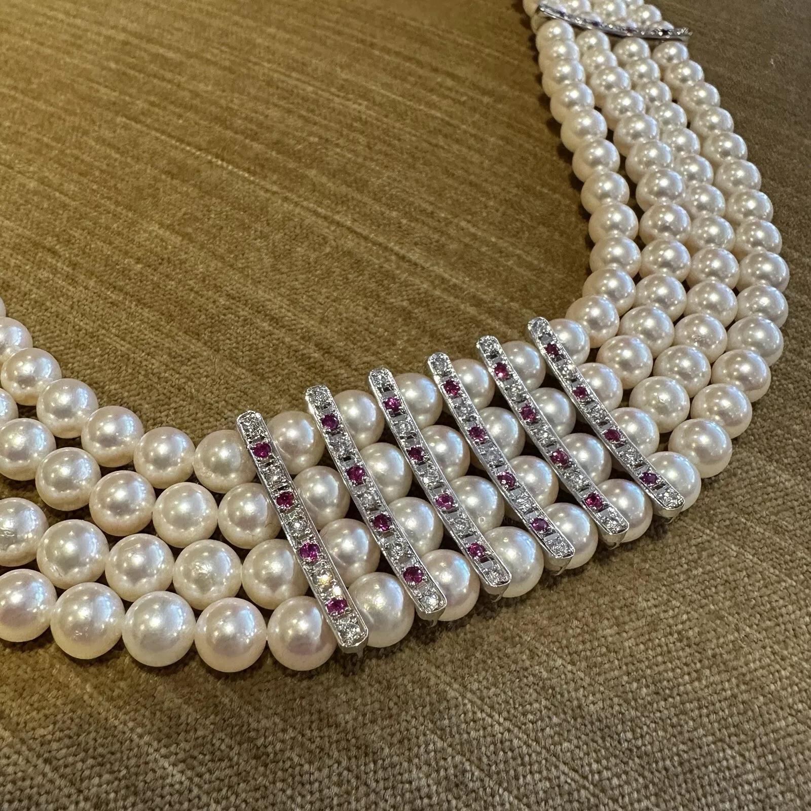 4 Row Pearl Choker Necklace with Rubies and Diamonds in Platinum In Excellent Condition For Sale In La Jolla, CA