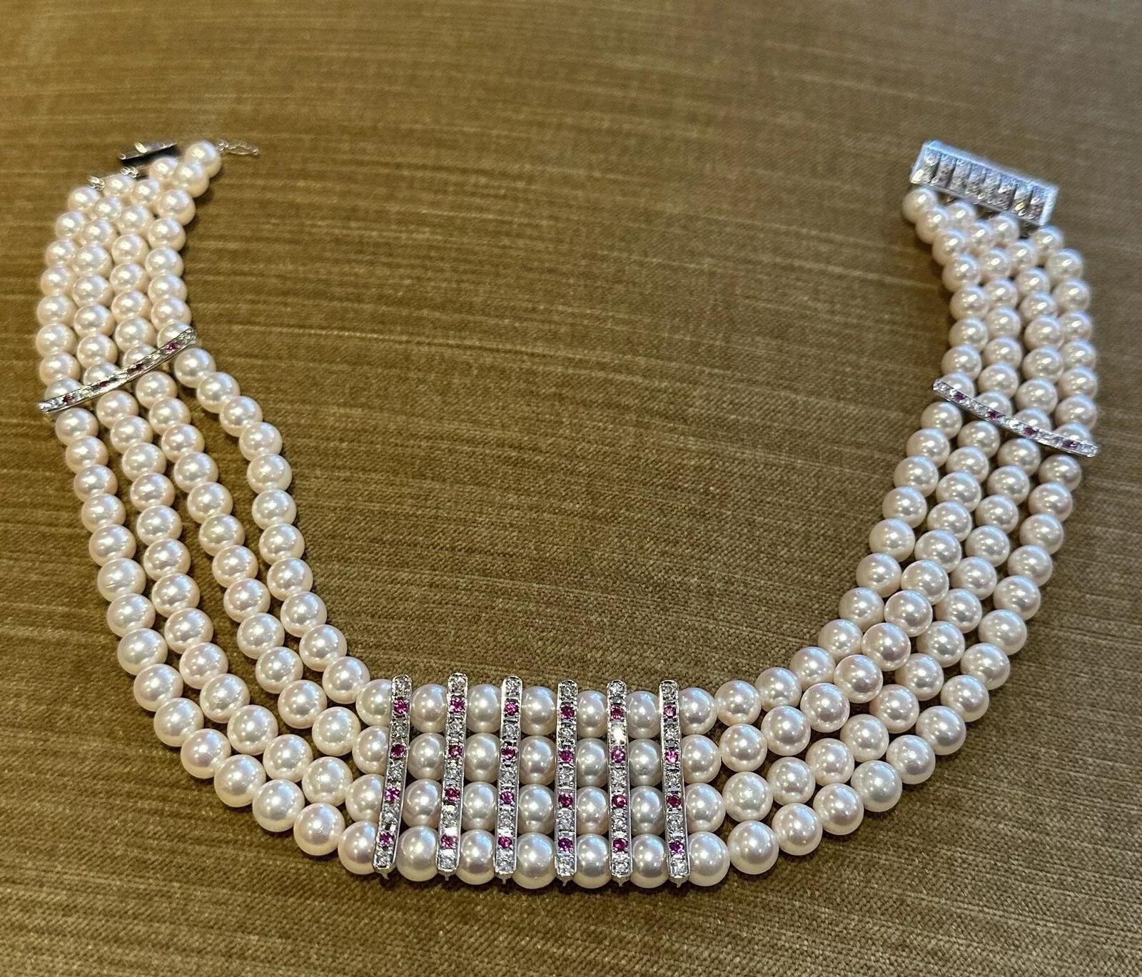Women's 4 Row Pearl Choker Necklace with Rubies and Diamonds in Platinum For Sale