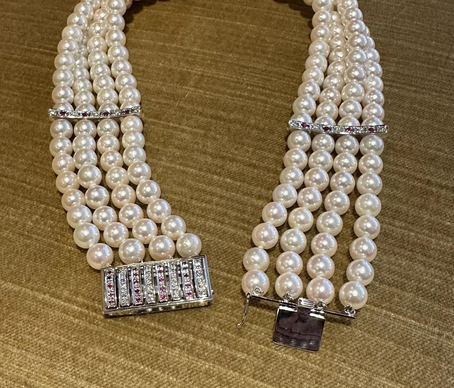4 Row Pearl Choker Necklace with Rubies and Diamonds in Platinum For Sale 1