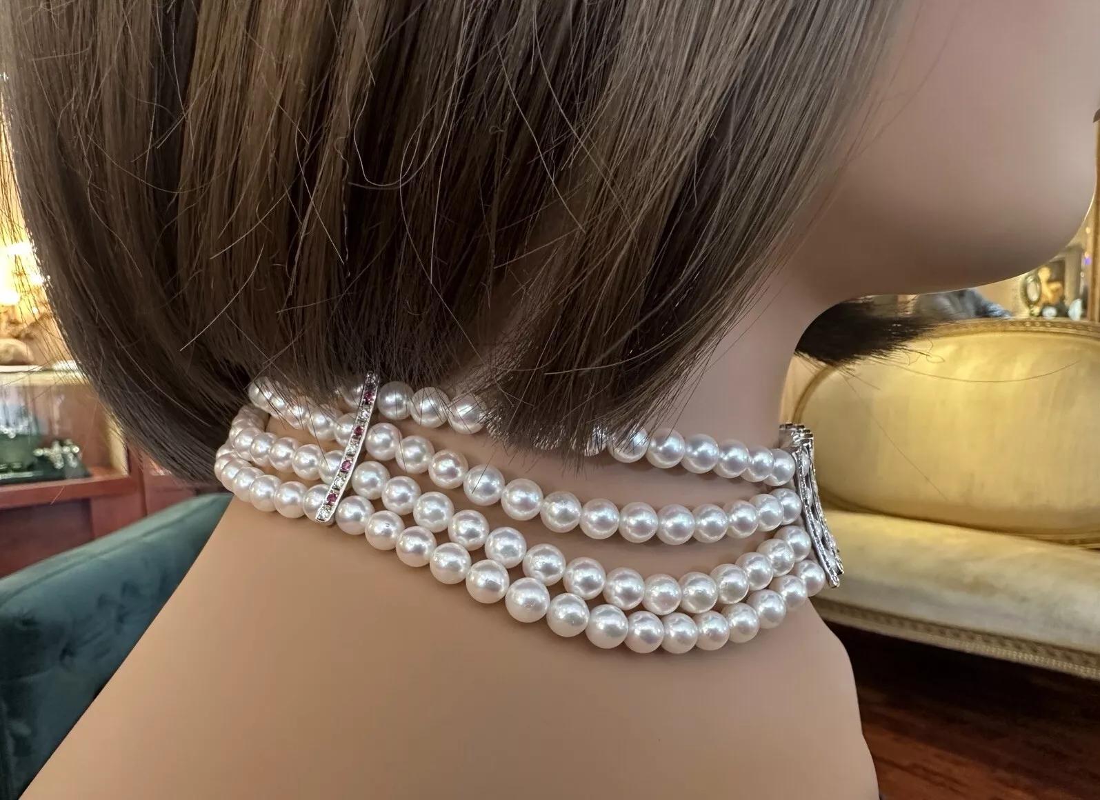 4 Row Pearl Choker Necklace with Rubies and Diamonds in Platinum For Sale 3