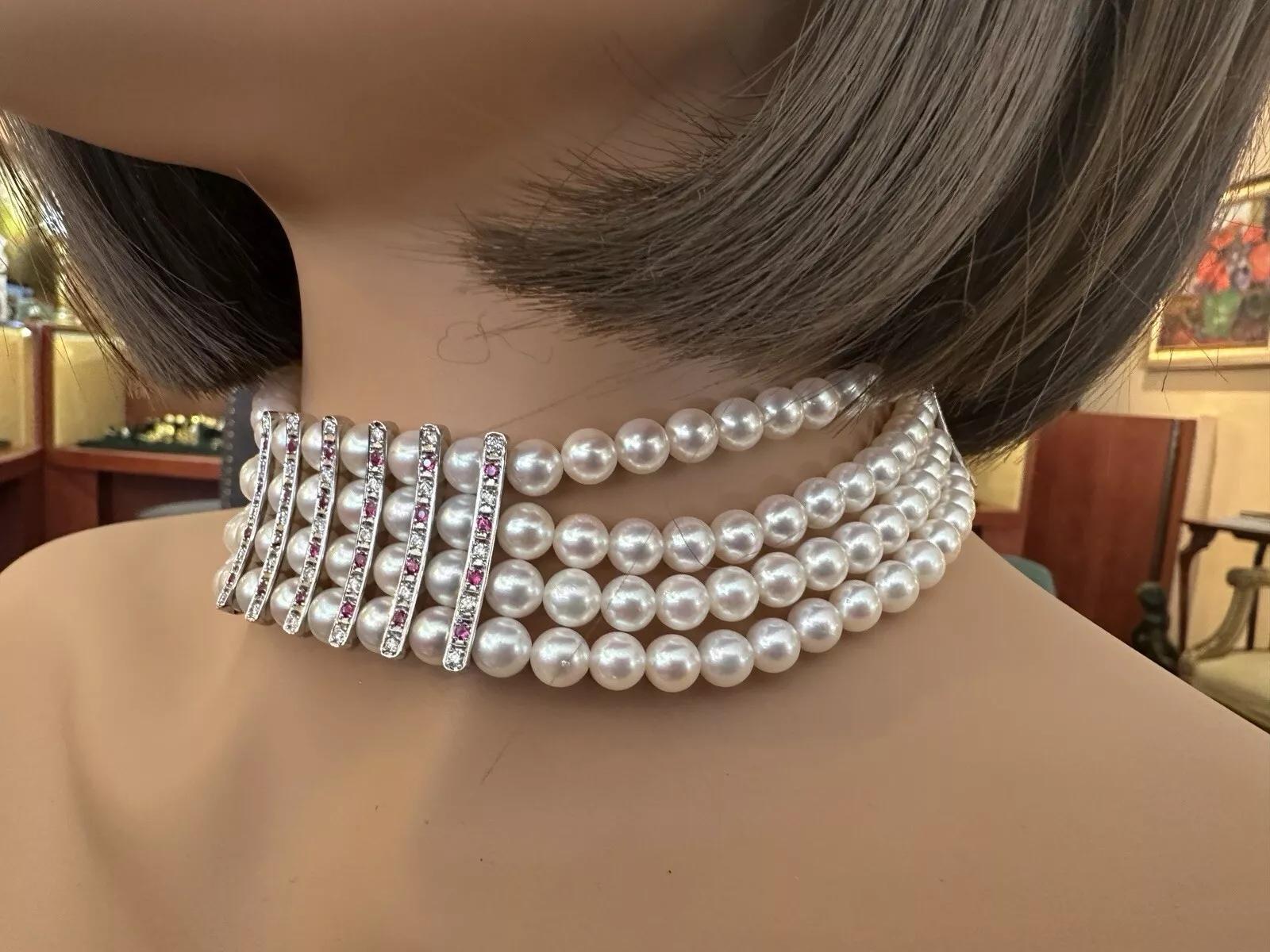 4 Row Pearl Choker Necklace with Rubies and Diamonds in Platinum For Sale 4