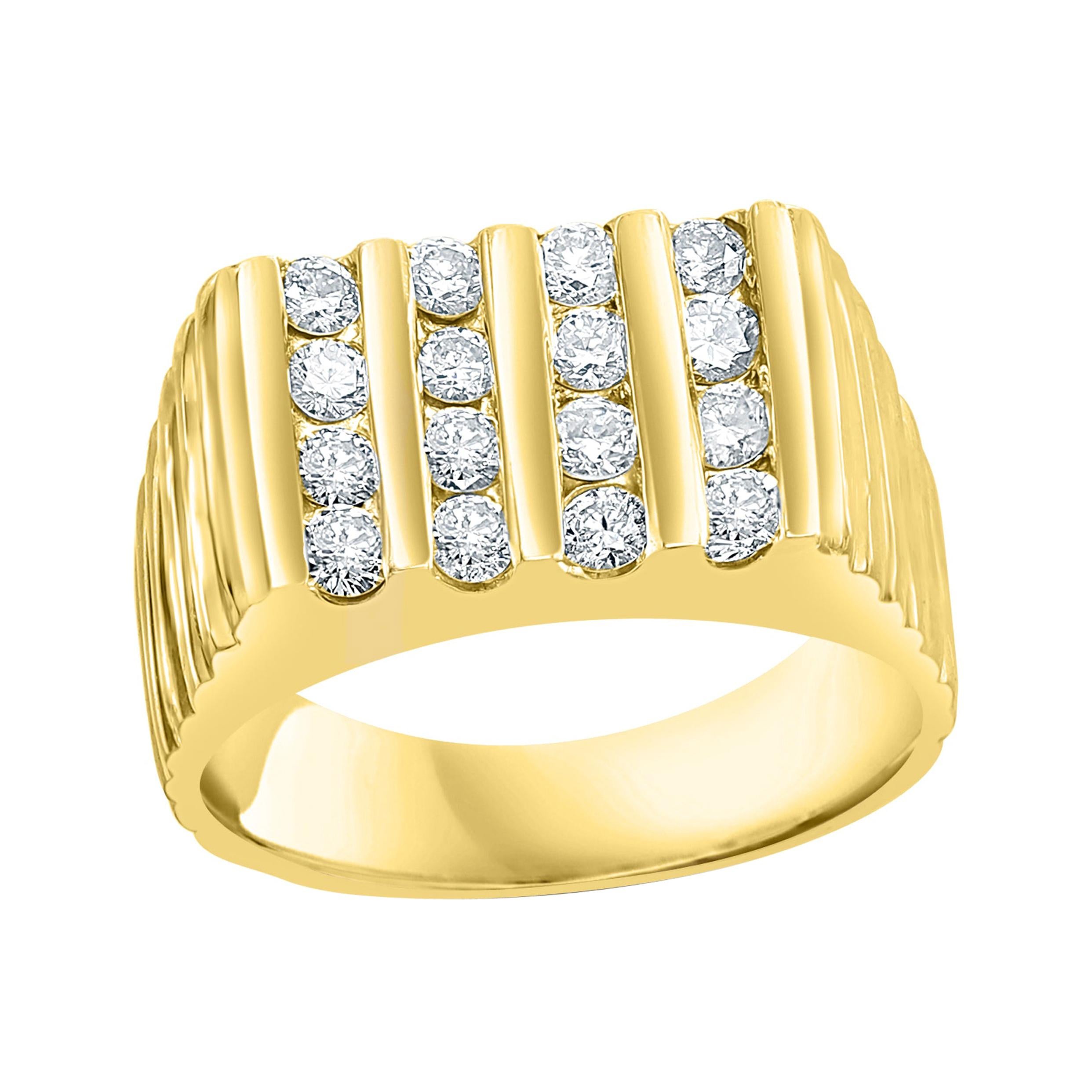 4 Row Unisex Diamond Band Engagement Ring in 14 Karat Yellow Gold
