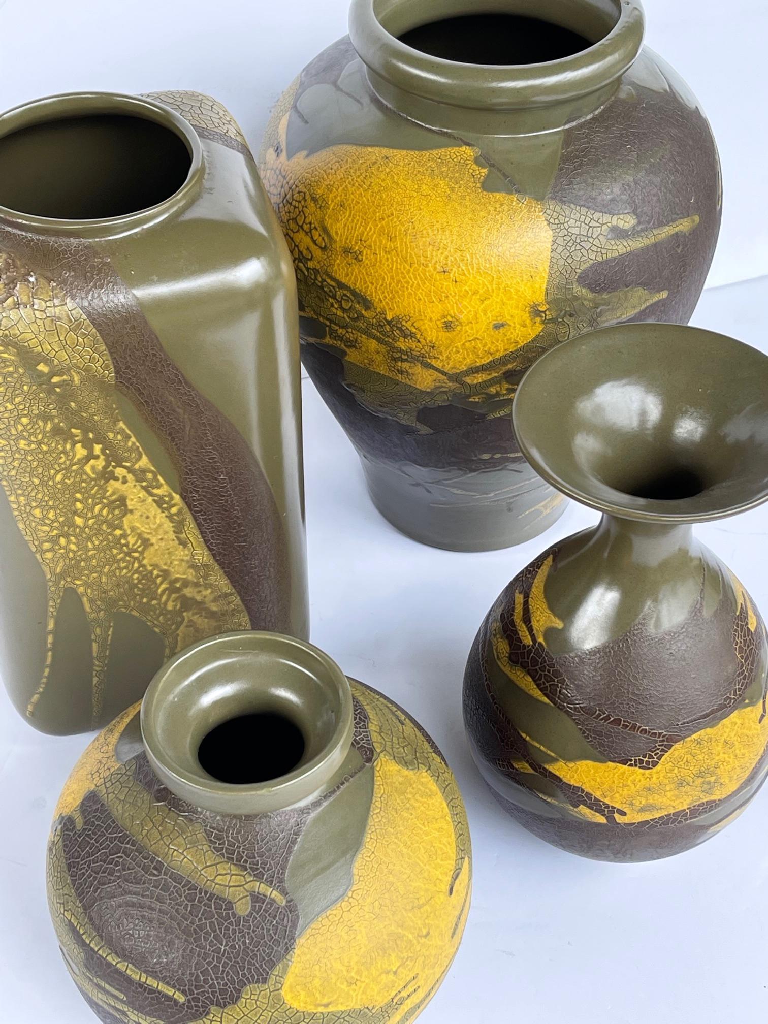 Glazed 4 Royal Haeger Pottery Vessels W Yellow & Brown Drip Glaze on Olive Green Ground