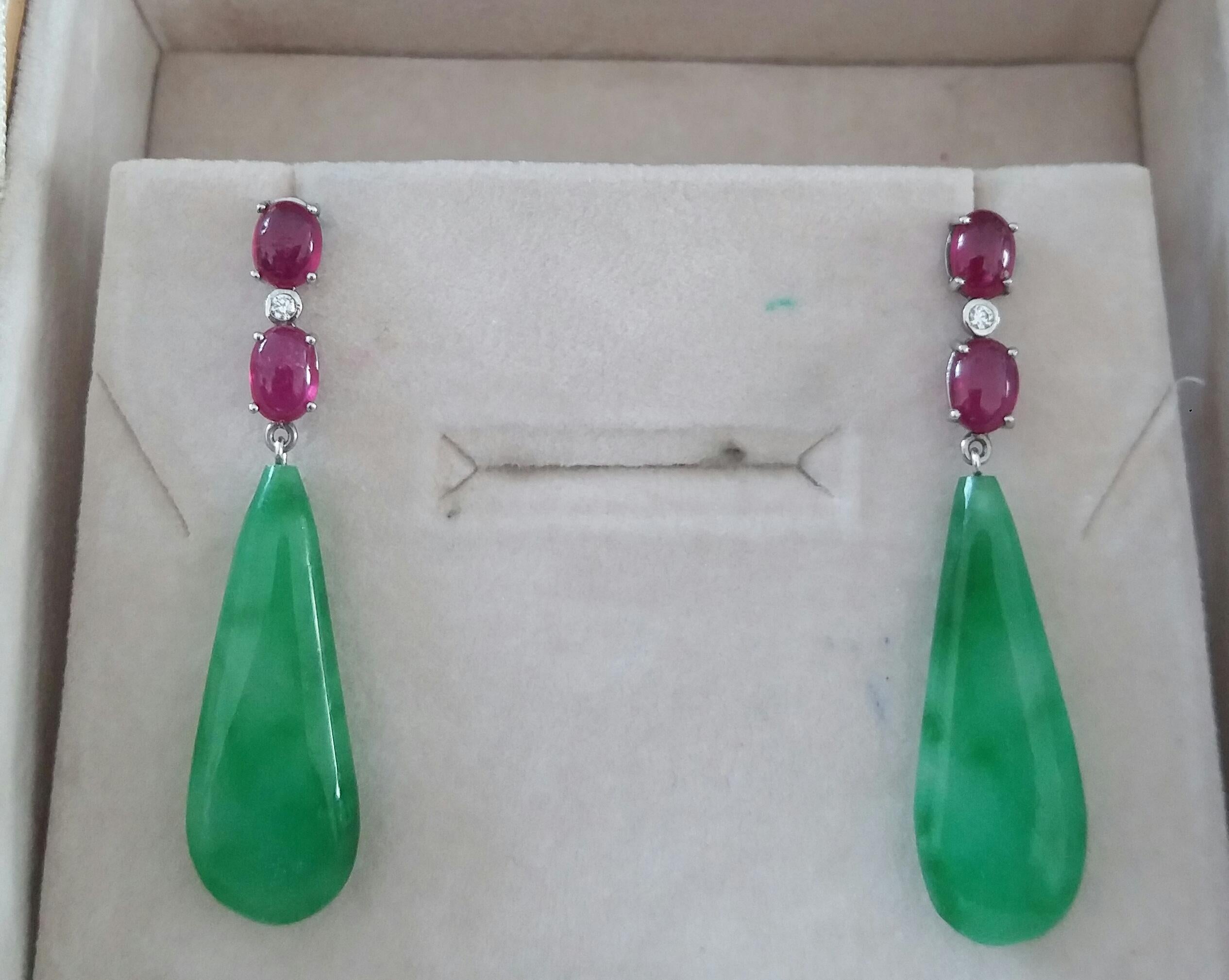 4 Rubies Oval Cabochons 14k White Gold 2 Diamonds 2 Burma Jade Drops Earrings For Sale 4