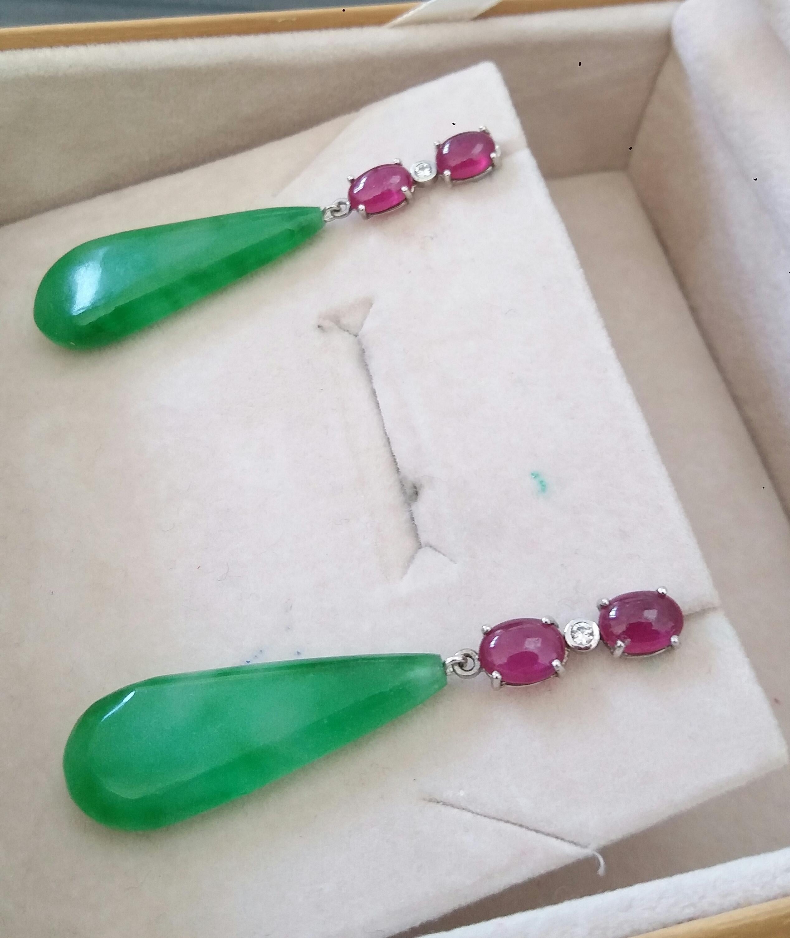 4 Rubies Oval Cabochons 14k White Gold 2 Diamonds 2 Burma Jade Drops Earrings For Sale 5