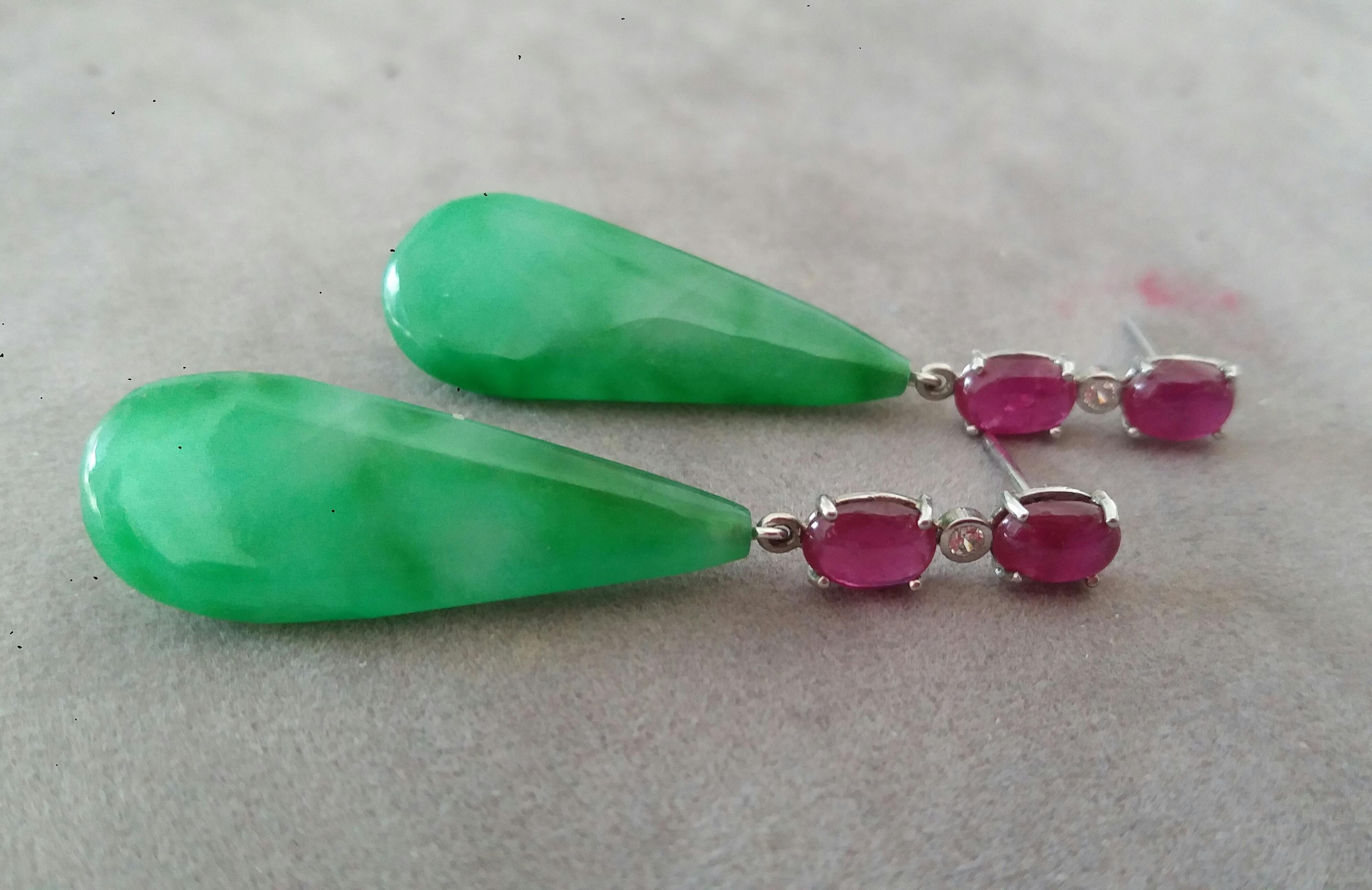 4 Rubies Oval Cabochons 14k White Gold 2 Diamonds 2 Burma Jade Drops Earrings In New Condition For Sale In Bangkok, TH