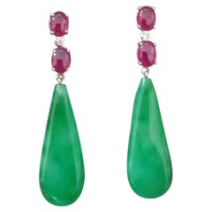 4 Rubies Oval Cabochons 14k White Gold 2 Diamonds 2 Burma Jade Drops Earrings