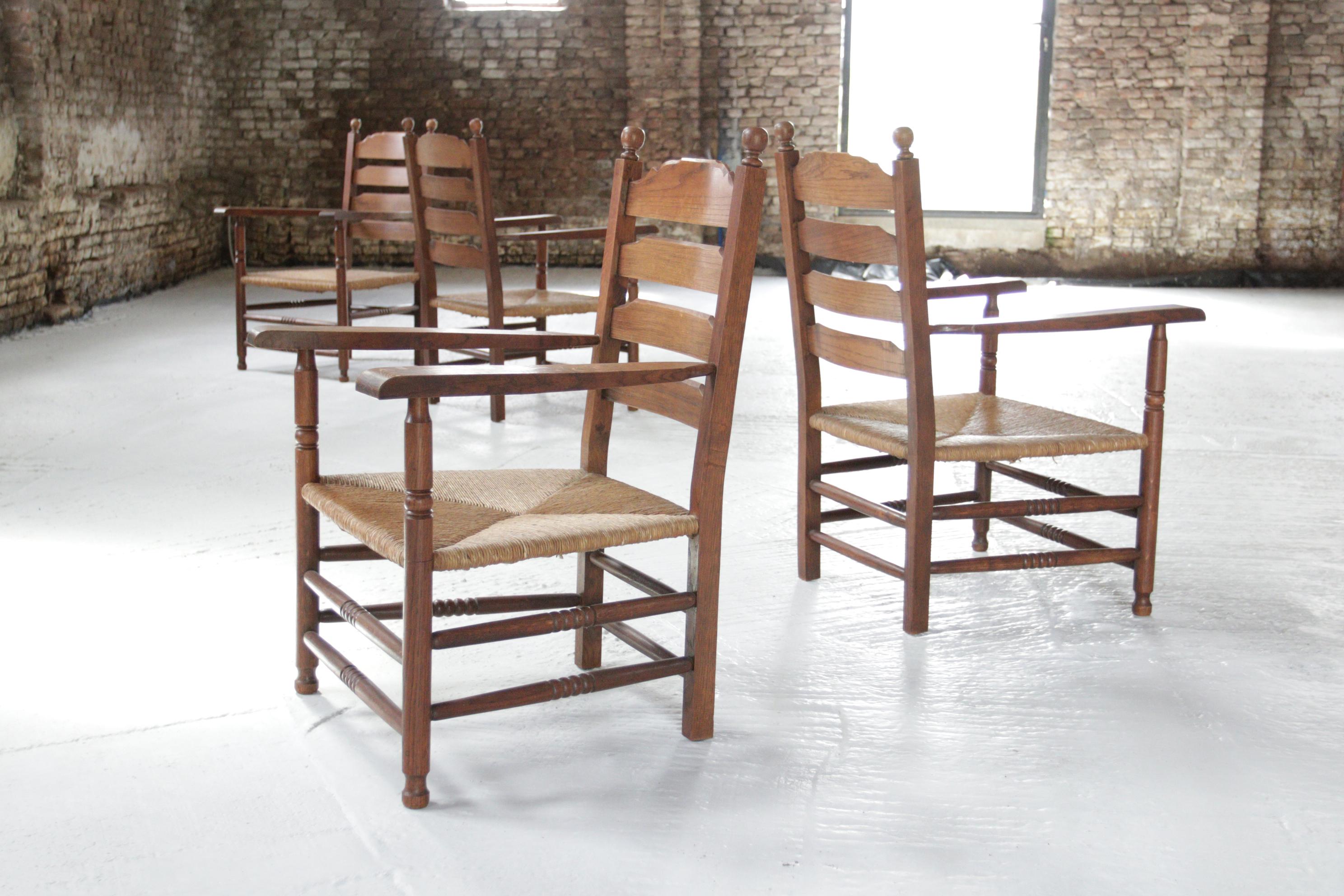 4 Rural Dutch Ladder Back Oak Rush Seat Armchairs For Sale 5