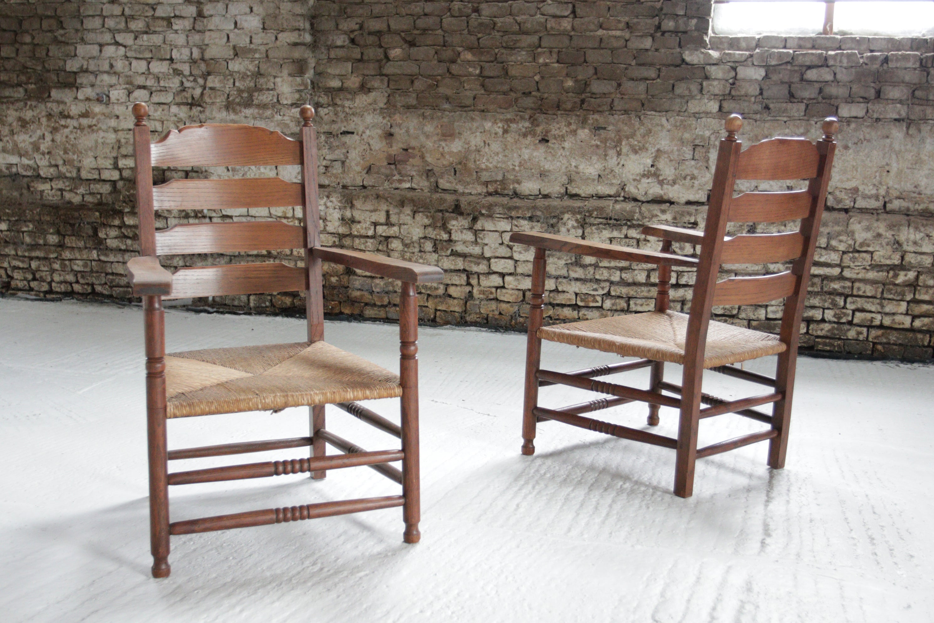 4 Rural Dutch Ladder Back Oak Rush Seat Armchairs For Sale 7