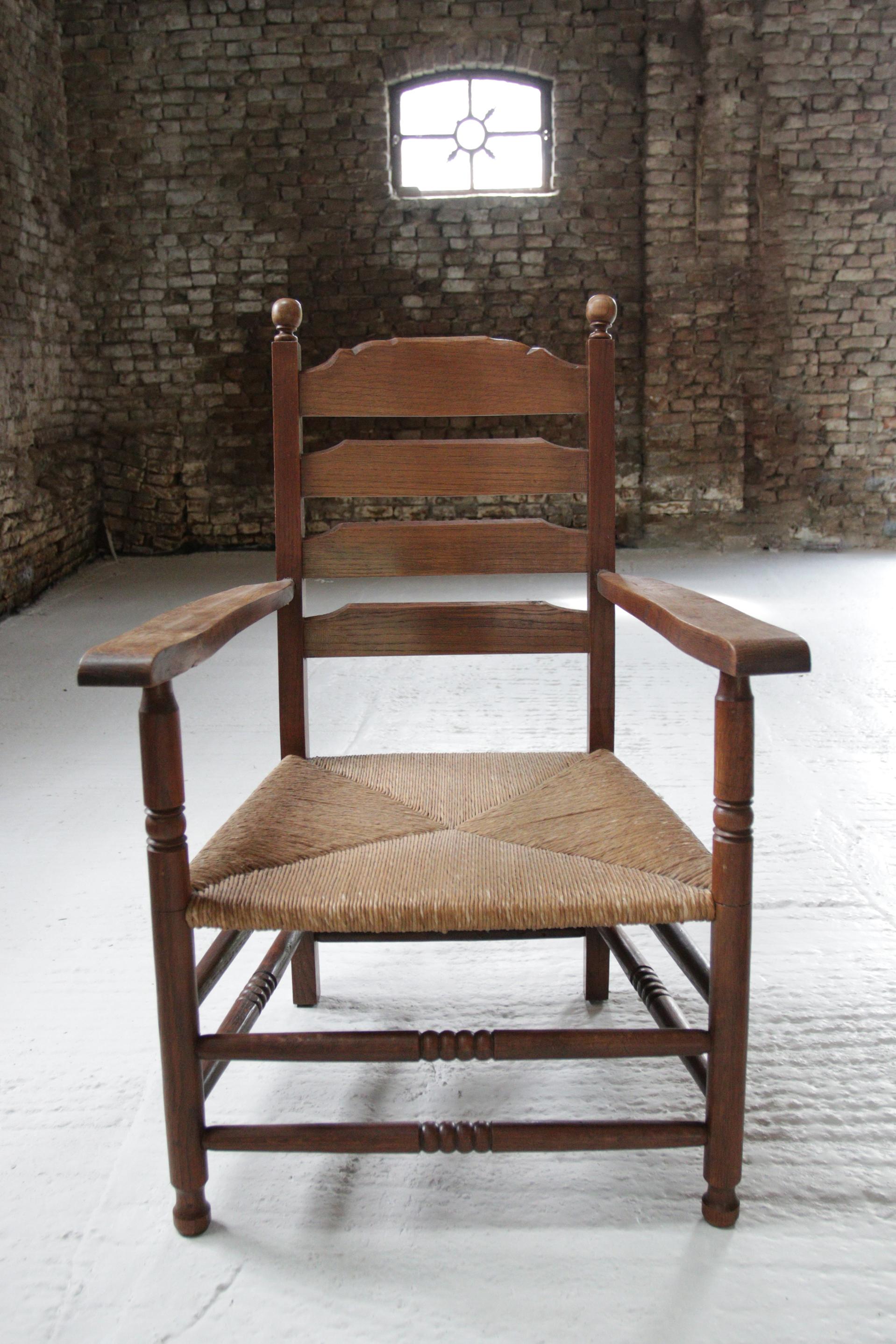 4 Rural Dutch Ladder Back Oak Rush Seat Armchairs For Sale 11