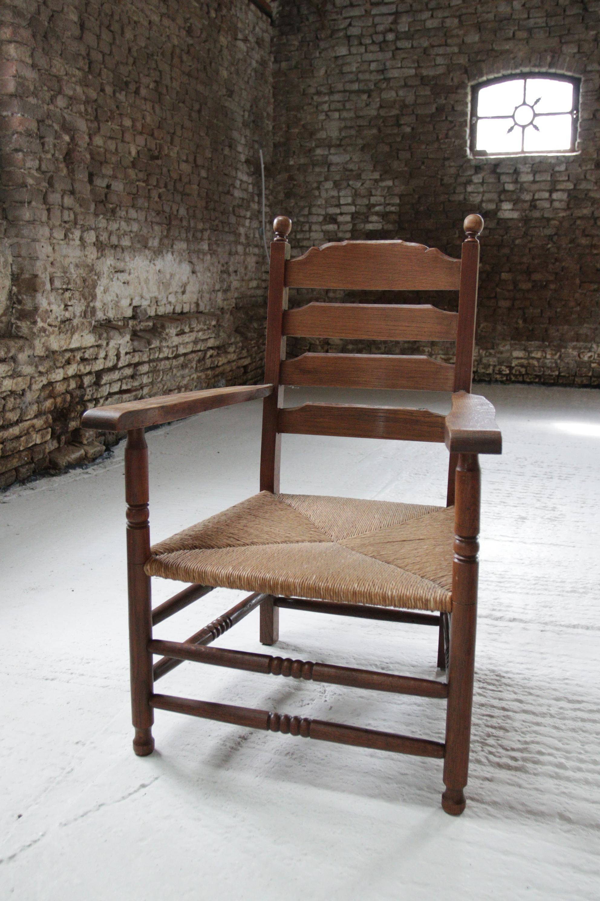 4 Rural Dutch Ladder Back Oak Rush Seat Armchairs For Sale 12