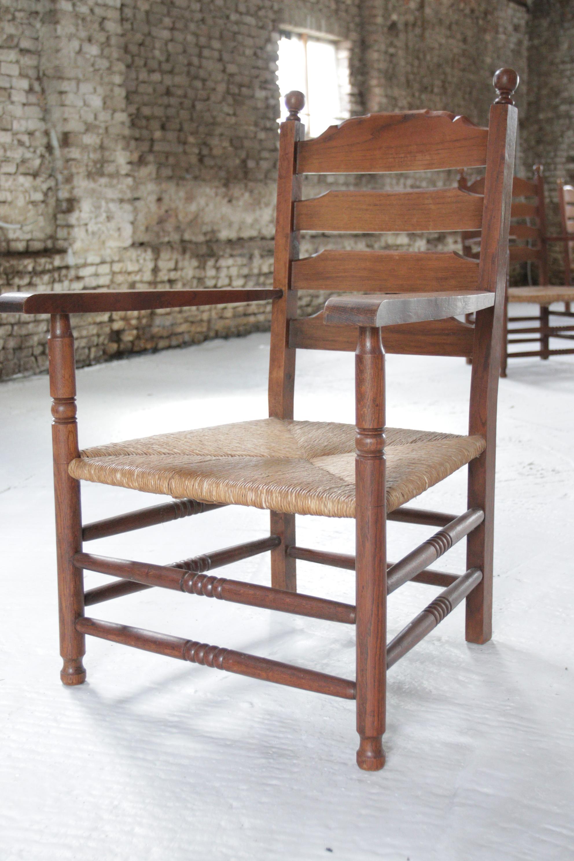 Arts and Crafts 4 Rural Dutch Ladder Back Oak Rush Seat Armchairs For Sale