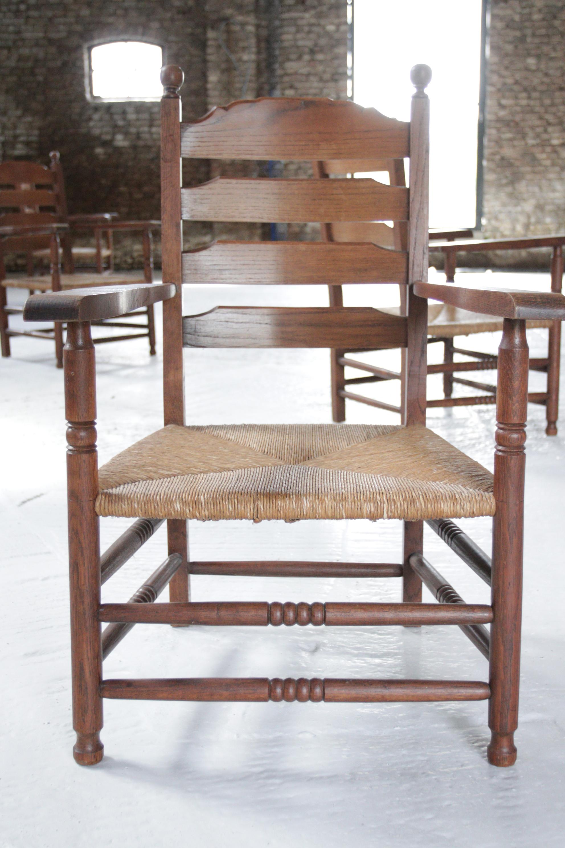 4 Rural Dutch Ladder Back Oak Rush Seat Armchairs In Good Condition For Sale In Boven Leeuwen, NL