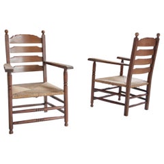 4 Rural Dutch Ladder Back Oak Rush Seat Armchairs