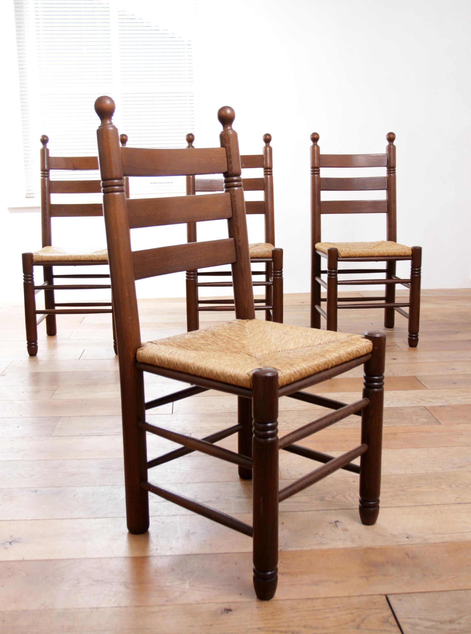 Late 20th Century 4 Rural French Ladder Back Dark Oak Rush Seat Dining Chairs