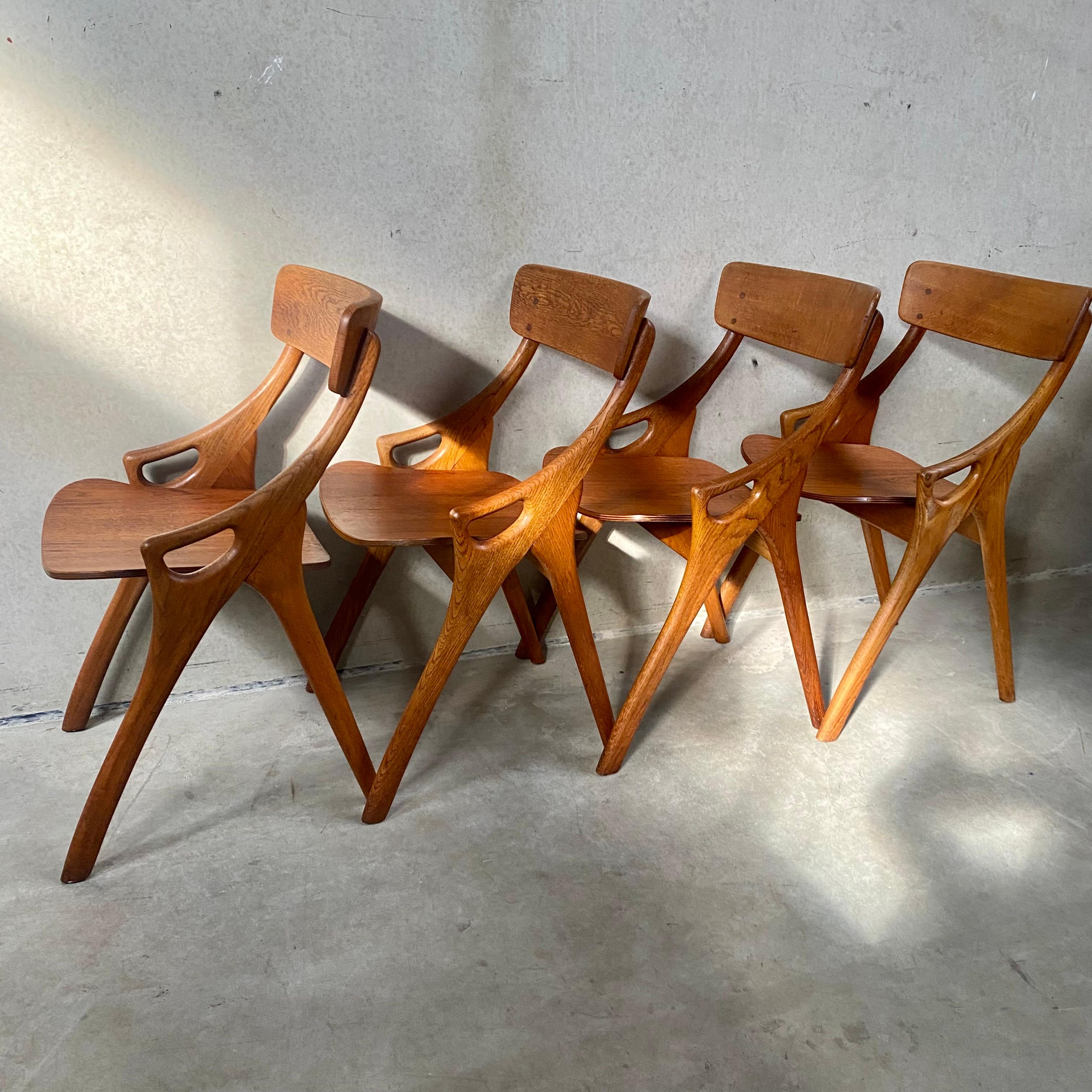 4 Rustic Oak Arne Hovmand Olsen Dining Chairs for Mogens Kold Mobelfabrik 1950 For Sale 5