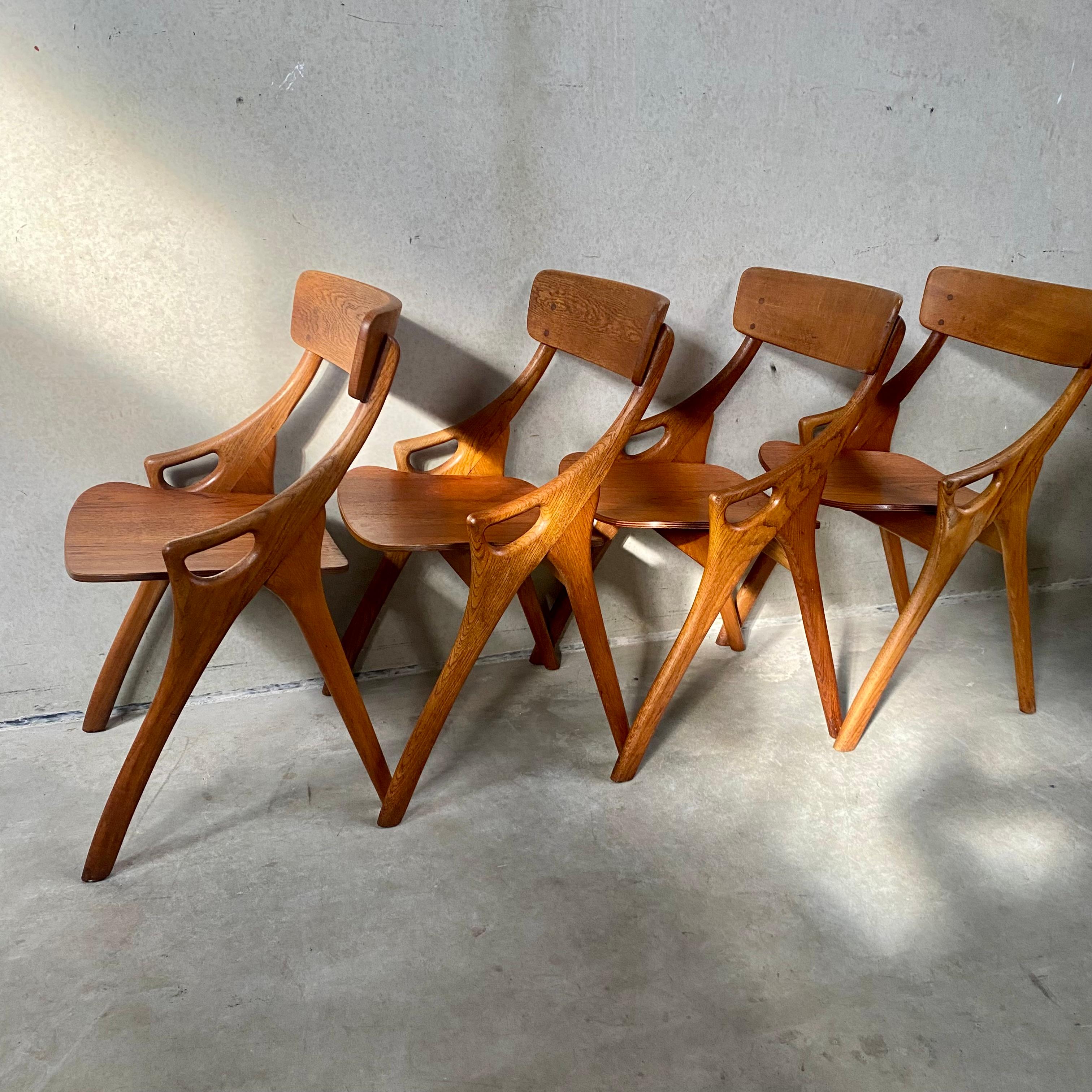 4 Rustic Oak Arne Hovmand Olsen Dining Chairs for Mogens Kold Mobelfabrik 1950 For Sale 6