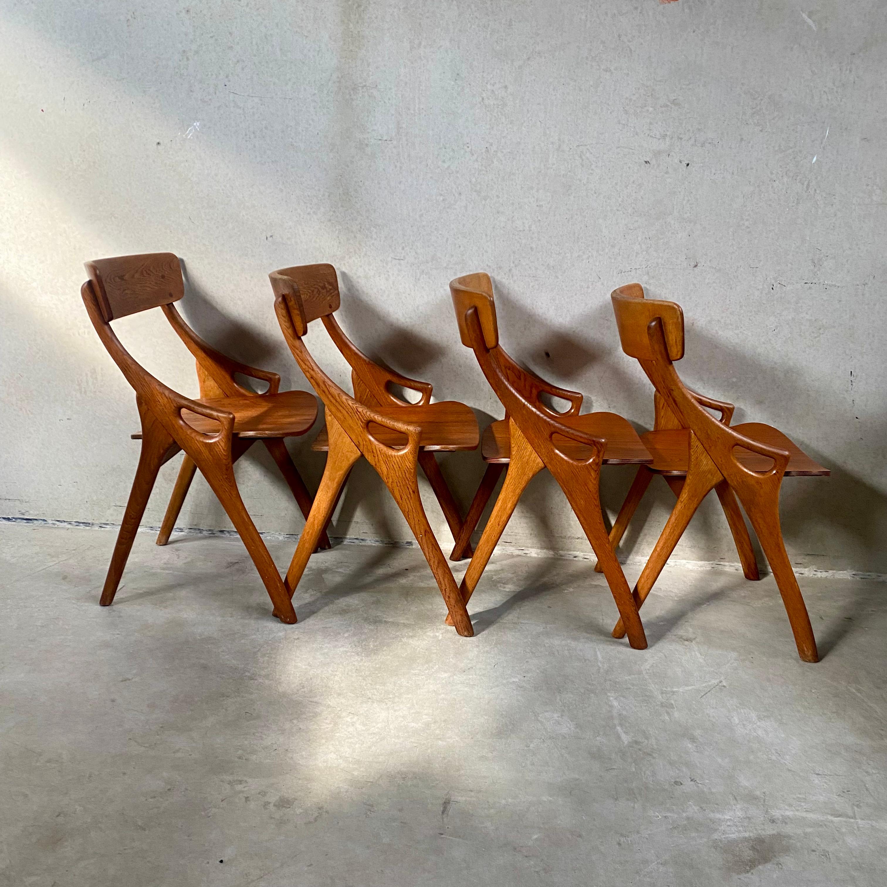 4 Rustic Oak Arne Hovmand Olsen Dining Chairs for Mogens Kold Mobelfabrik 1950 For Sale 8