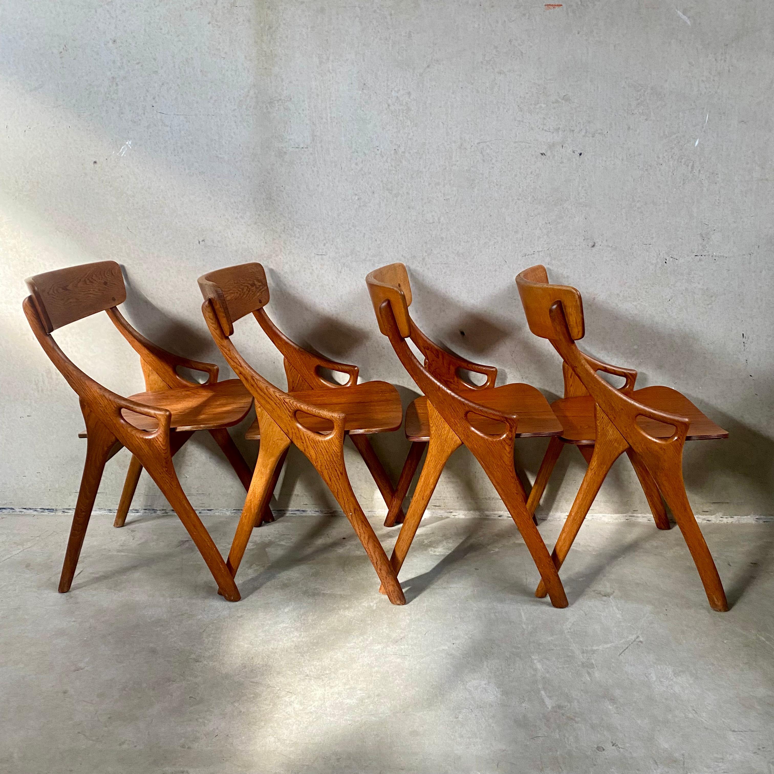 4 Rustic Oak Arne Hovmand Olsen Dining Chairs for Mogens Kold Mobelfabrik 1950 For Sale 9