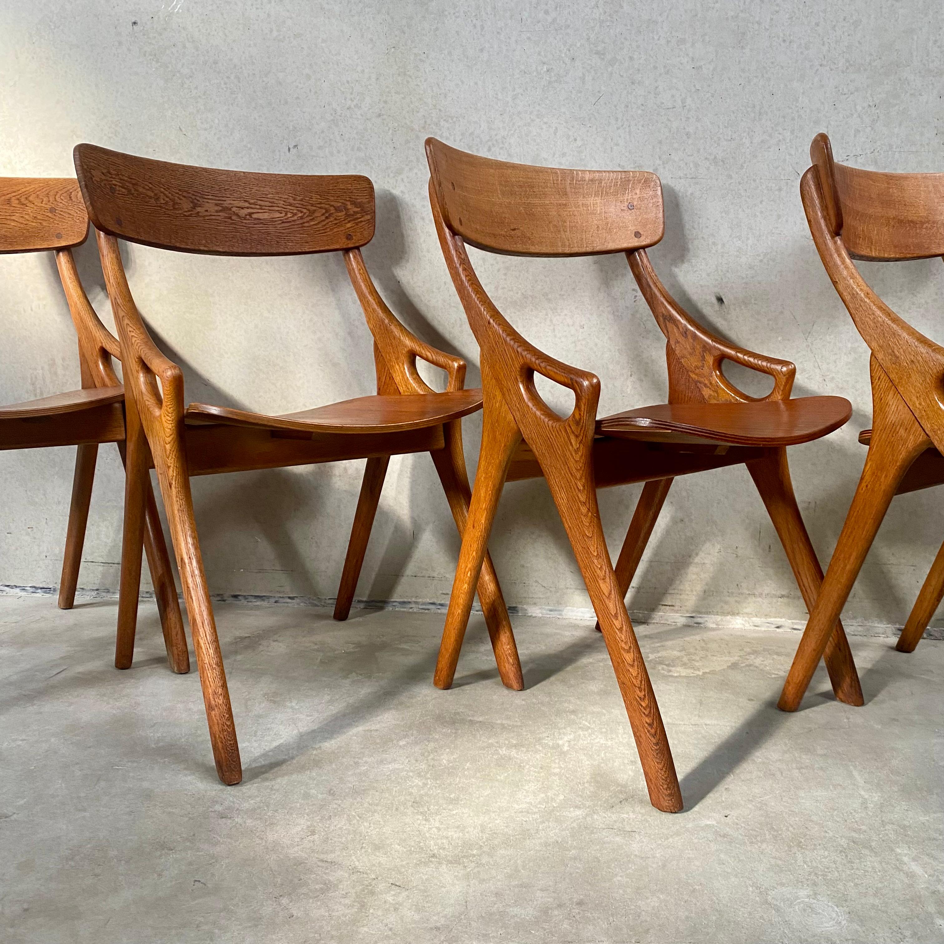 4 Rustic Oak Arne Hovmand Olsen Dining Chairs for Mogens Kold Mobelfabrik 1950 For Sale 10