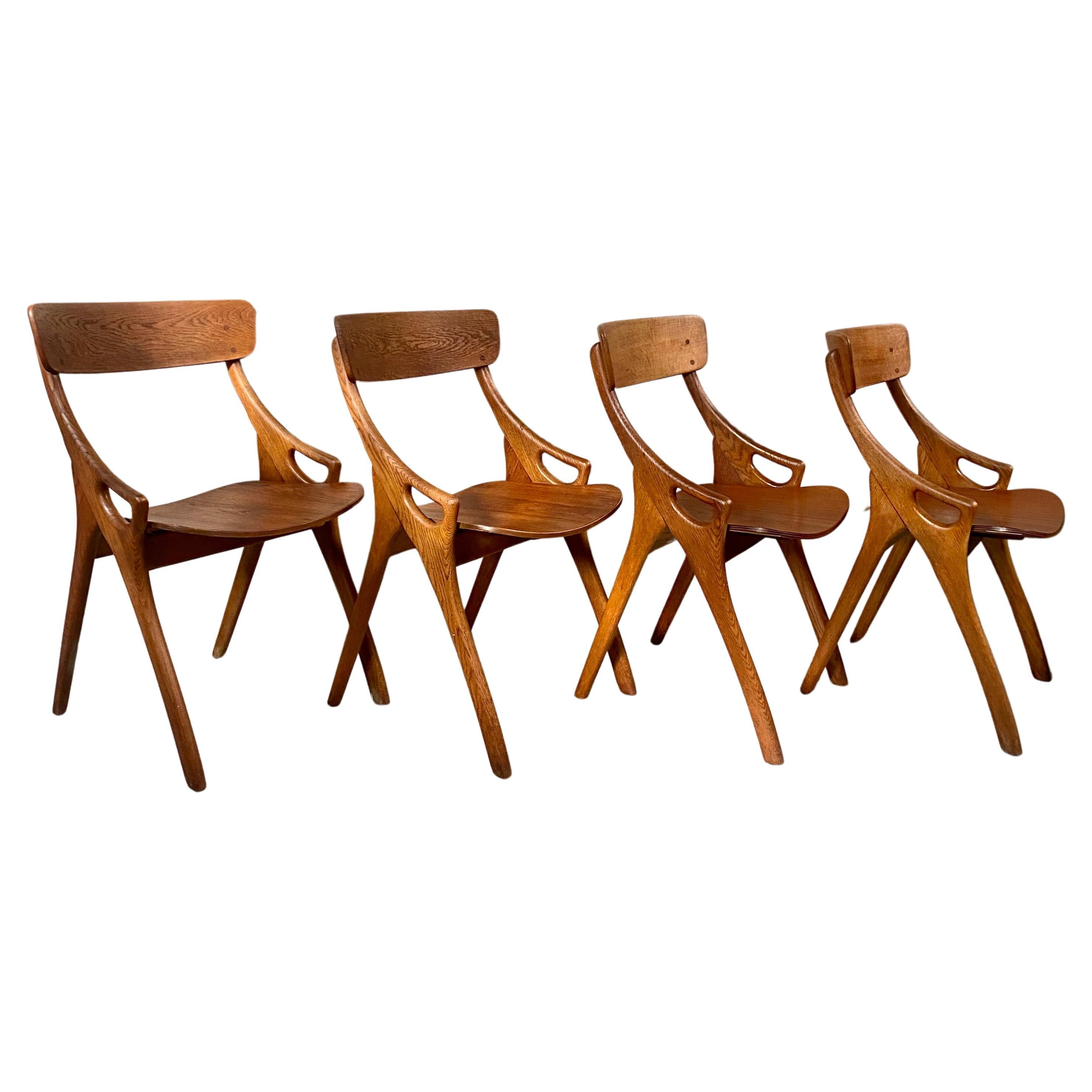 4 Rustic Oak Arne Hovmand Olsen Dining Chairs for Mogens Kold Mobelfabrik 1950