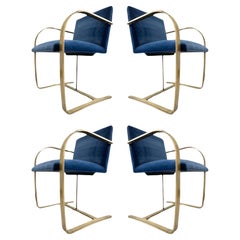 (4) Sapphire Blue Velvet Unlacquered Brass Ludwig Mies Van Der Rohe Brno Chairs
