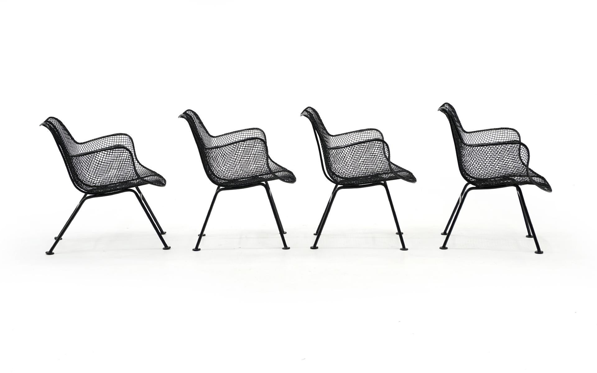 Mid-Century Modern 4 Sculptura Lounge Chairs with Arms by John Woodard Black Woven Wire Restored