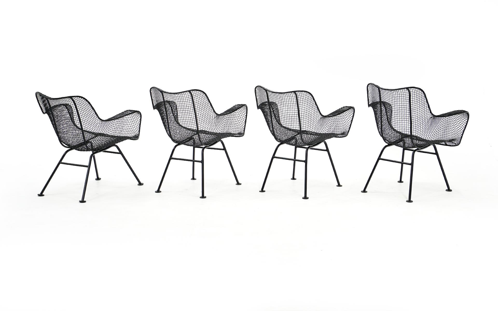 American 4 Sculptura Lounge Chairs with Arms by John Woodard Black Woven Wire Restored