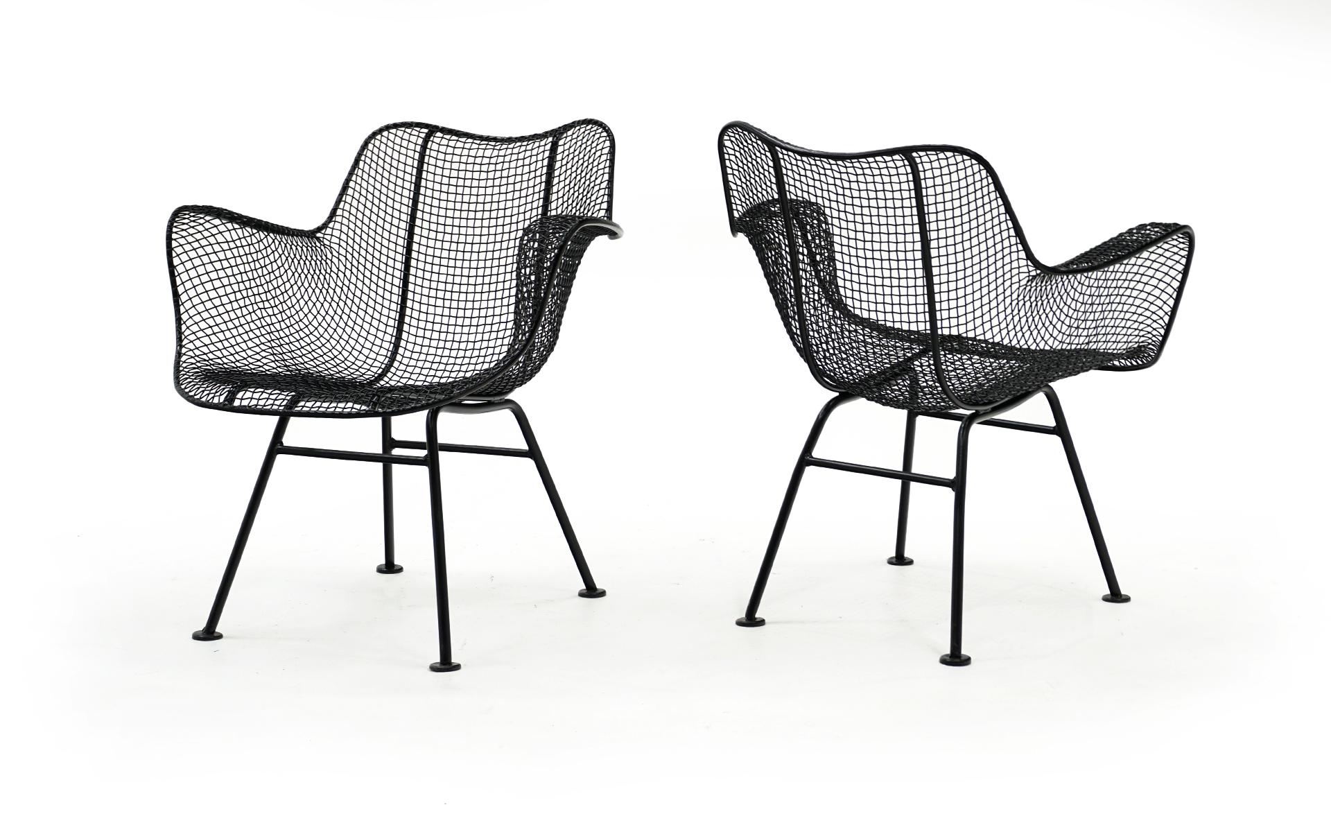 Powder-Coated 4 Sculptura Lounge Chairs with Arms by John Woodard Black Woven Wire Restored
